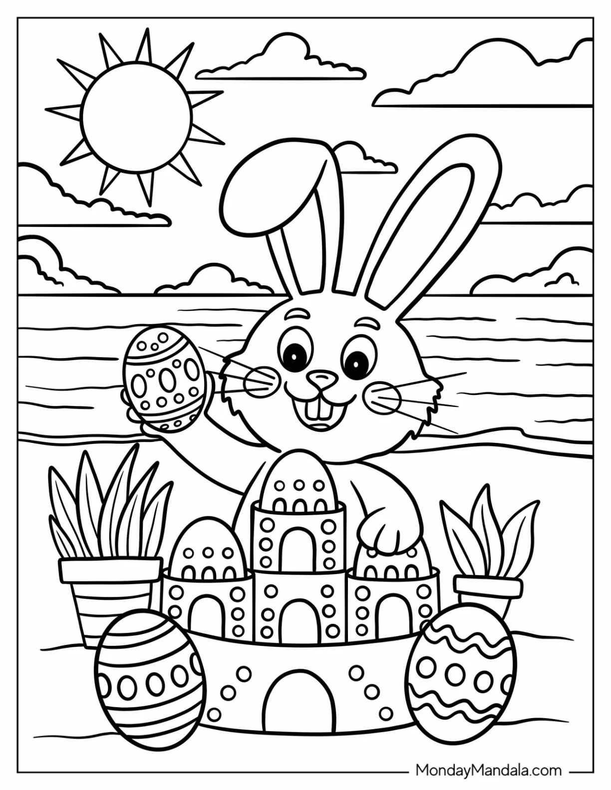 Easter Bunny Coloring Page Building a Sandcastle with Easter Eggs on Sunny Day for Kids coloring page