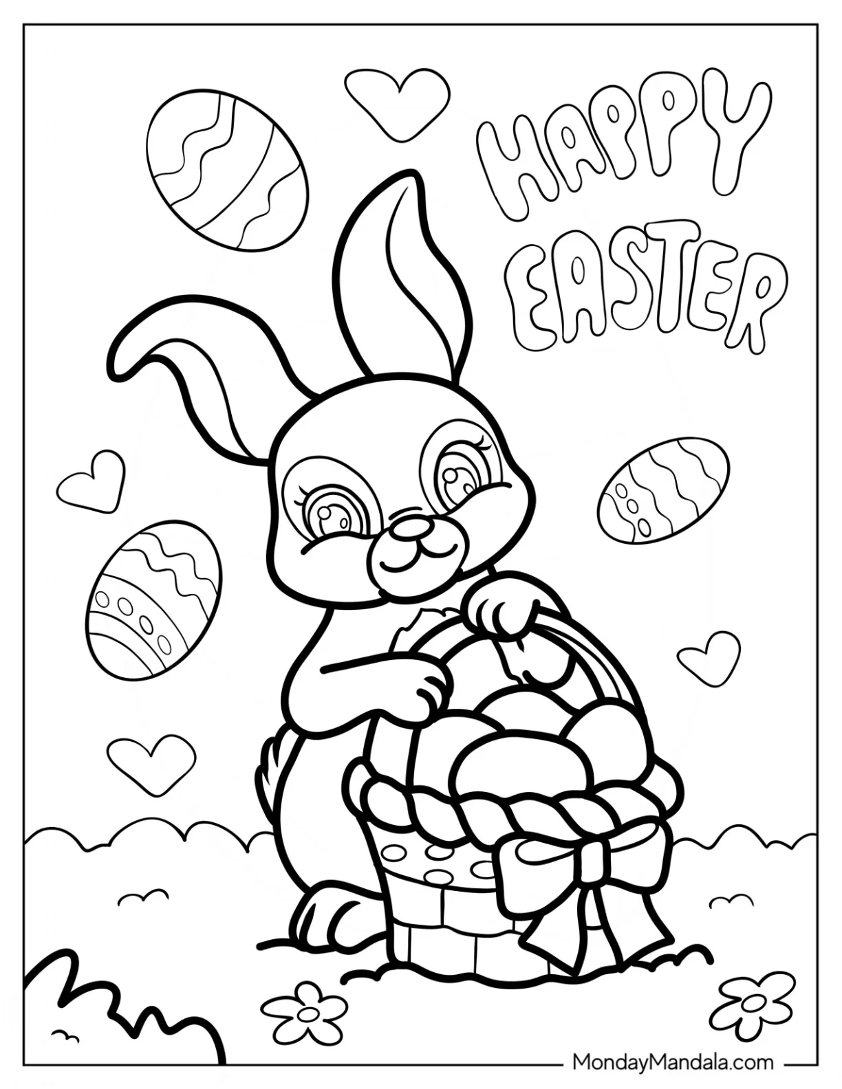 Easter Bunny Coloring Page Carrying Basket With Eggs For Kids coloring page