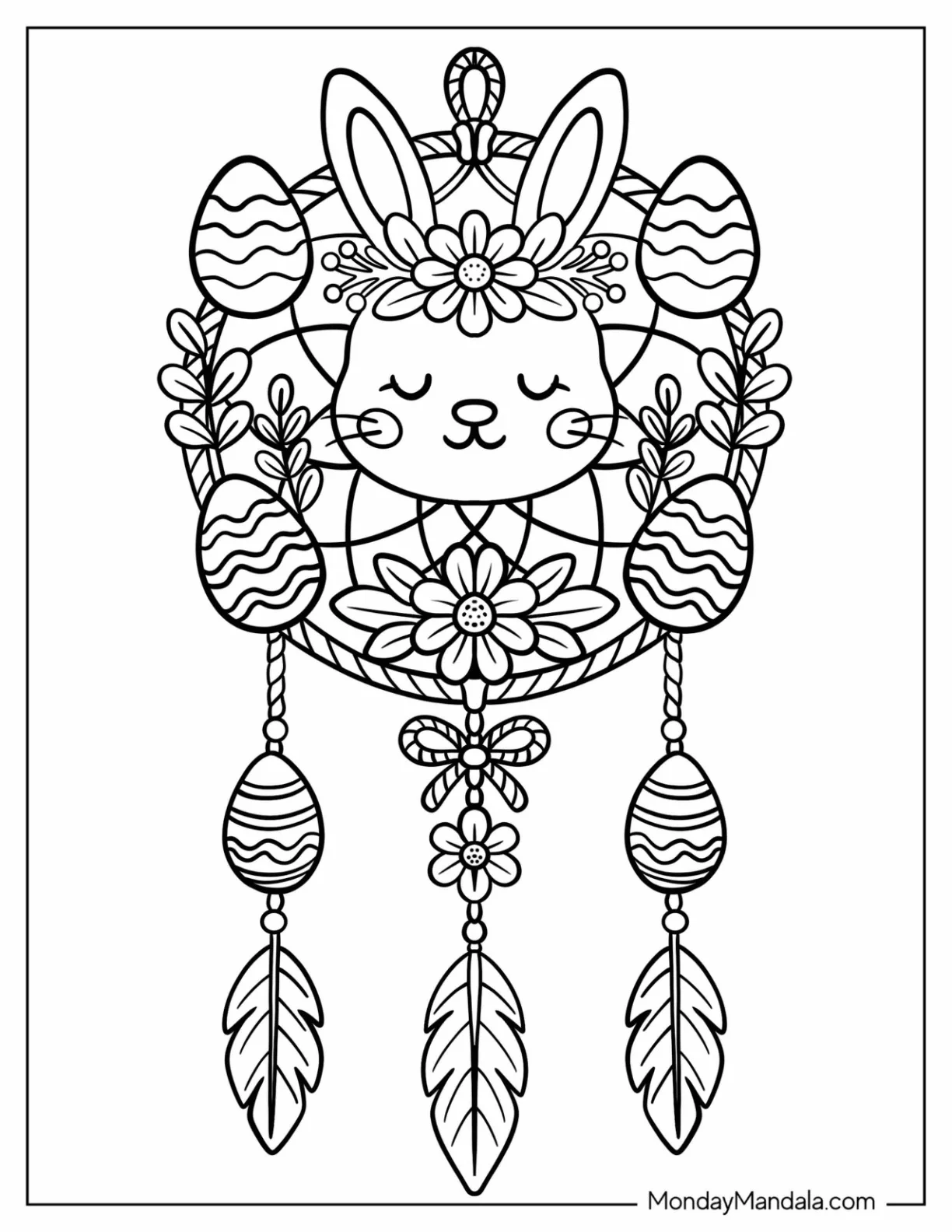 Easter Bunny Coloring Page Dreamcatcher with Flowers, Feathers, and Eggs for Kids coloring page
