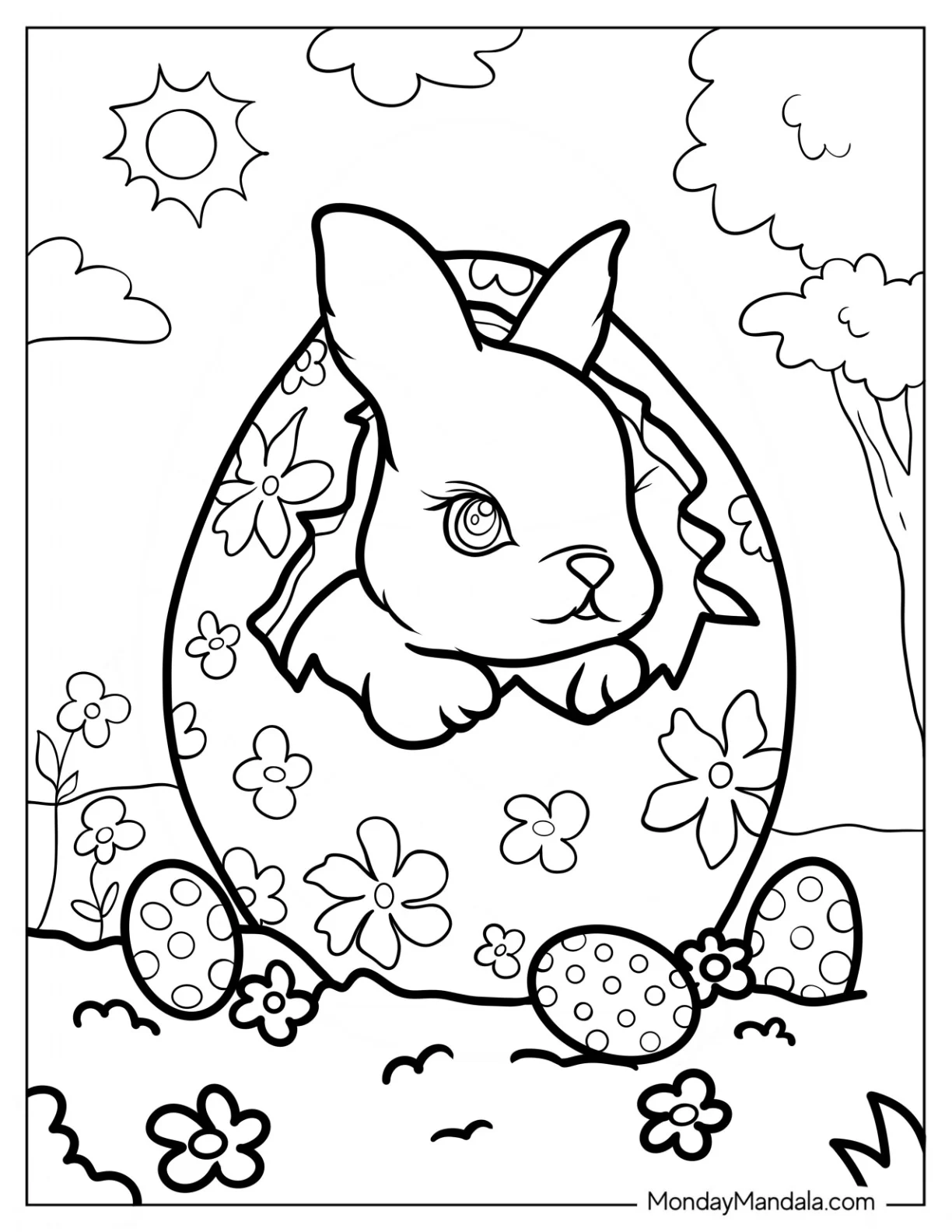 Easter Bunny Coloring Page Hatching From Easter Egg coloring page — printable line art