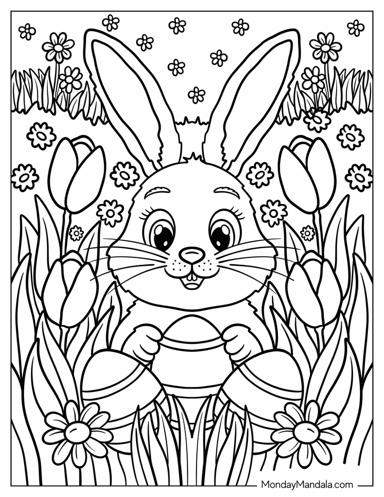 Easter Bunny Coloring Page Holding an Egg Among Tulips for Kids coloring page
