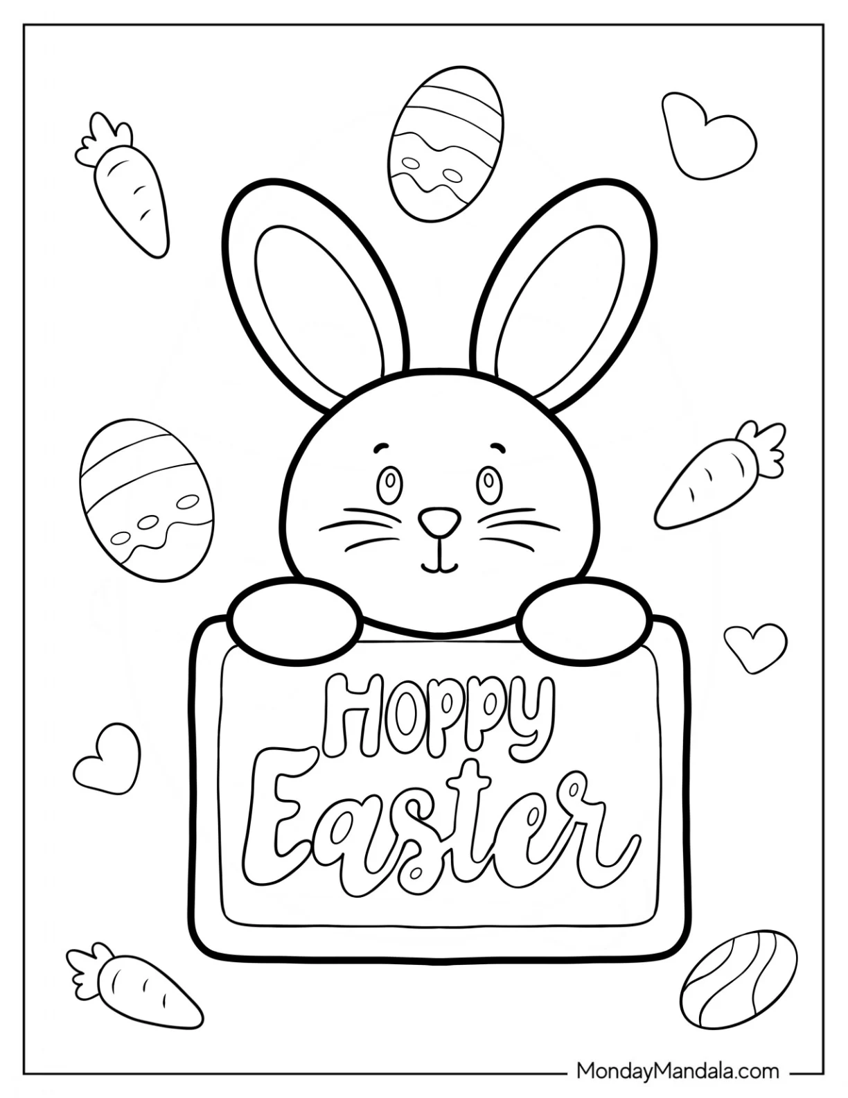 Easter Bunny Coloring Page Holding Hoppy Easter Sign For Kids coloring page — printable line art