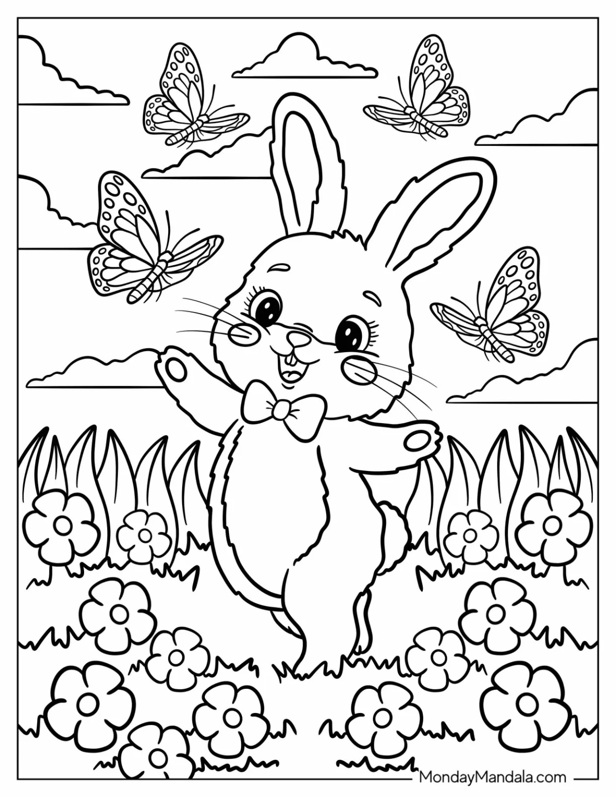 Easter Bunny Coloring Page Joyfully Dancing Among Butterflies in a Meadow for Kids coloring page