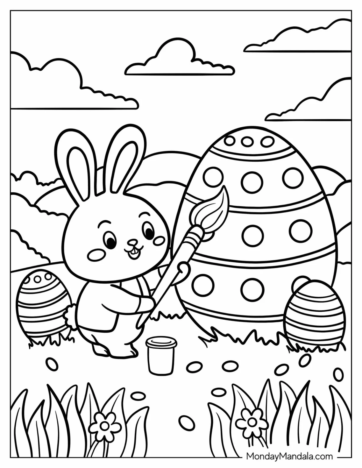 Easter Bunny Coloring Page Painting a Giant Egg with Large Paintbrush for Kids coloring page
