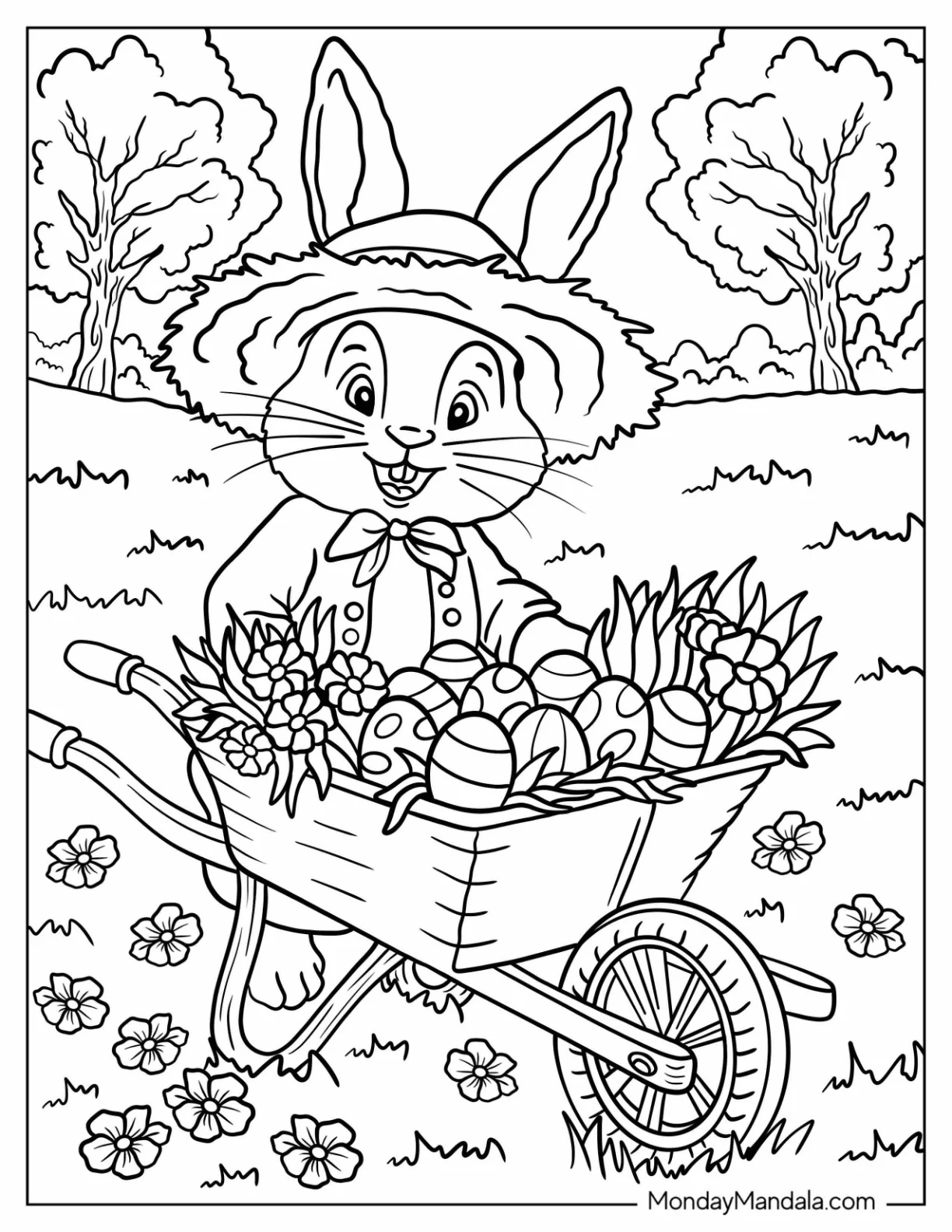 Easter Bunny Coloring Page Pushing Wheelbarrow of Eggs and Flowers coloring page
