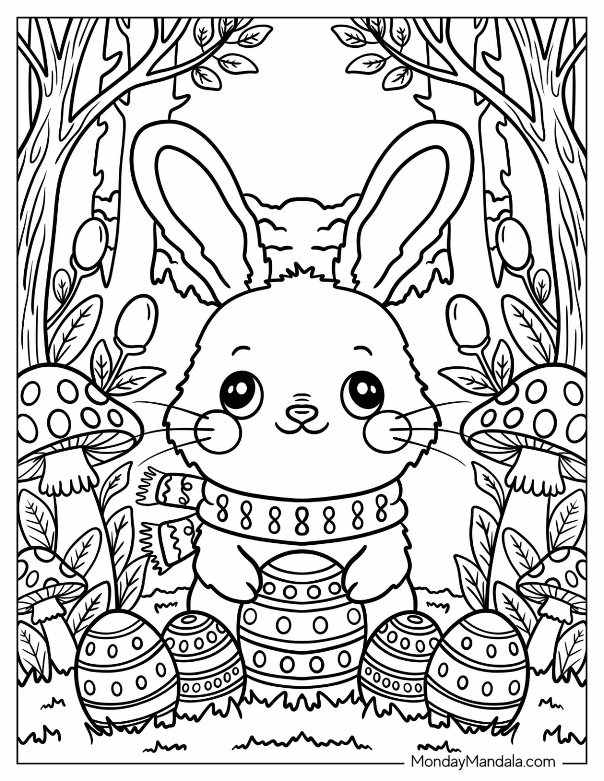 Easter Bunny Coloring Page Sitting in a Forest with Mushrooms, Trees, and Decorated Eggs coloring page — printable line art