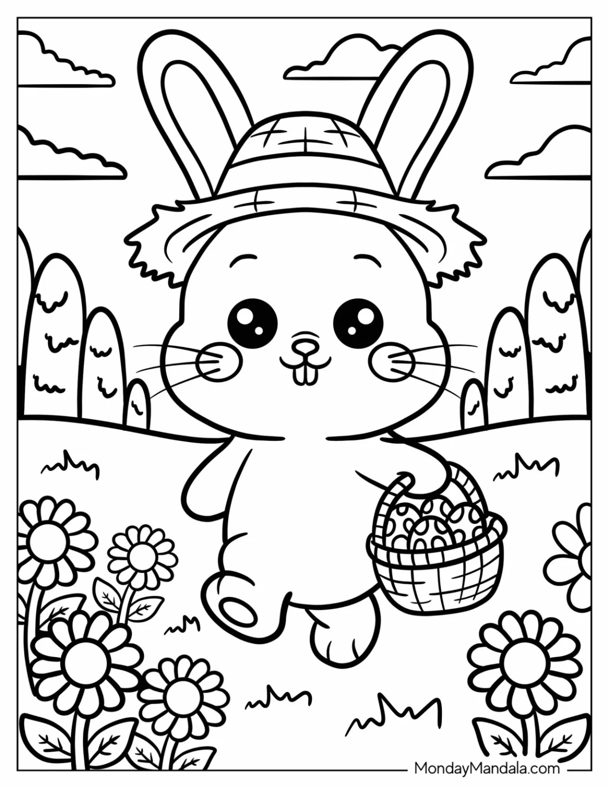 Easter Bunny Coloring Page Strolling Through Spring Flowers with a Basket for Preschoolers coloring page — printable line art
