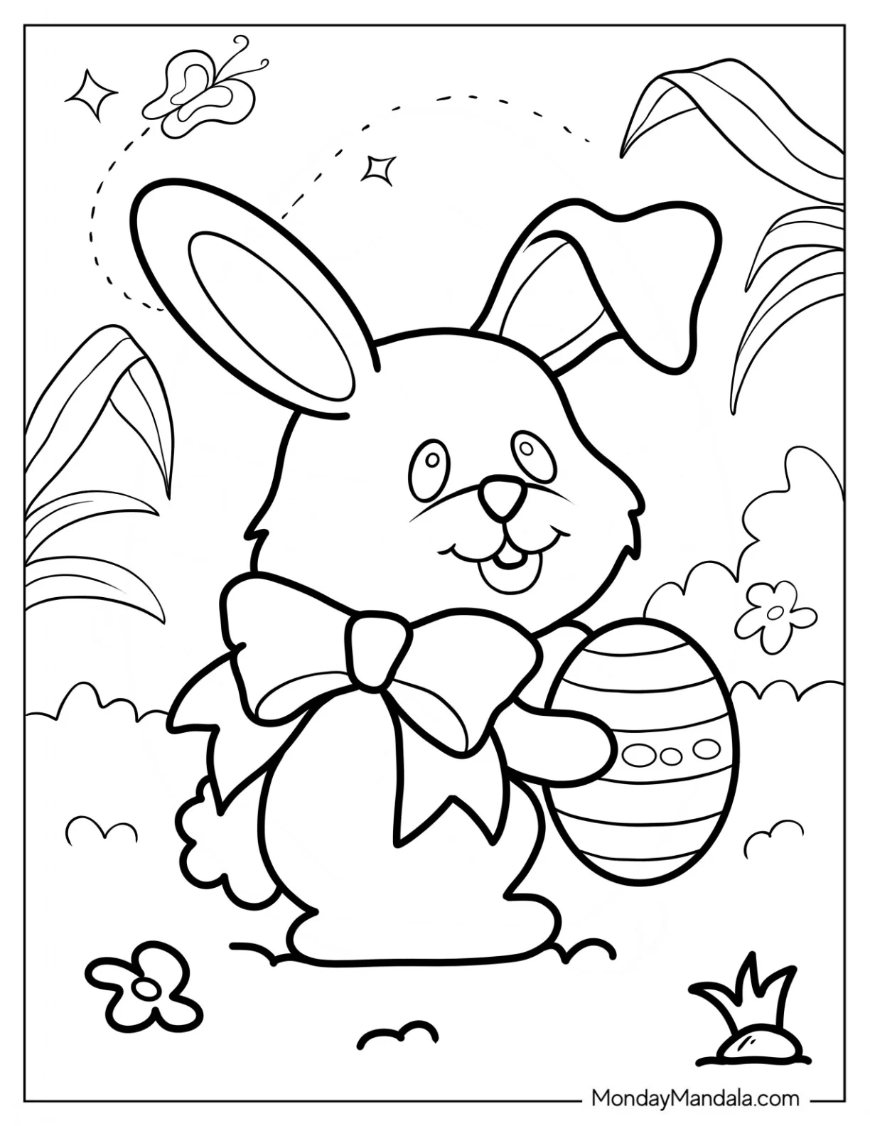 Easter Bunny Coloring Page With Large Bow And Easter Egg coloring page