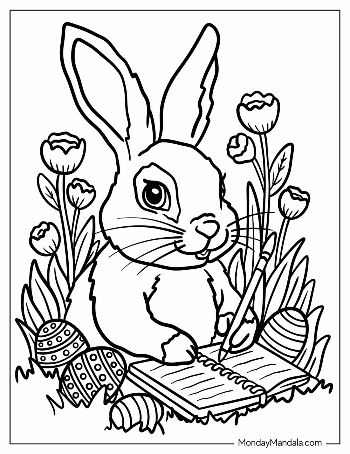 Easter Bunny Coloring Page Writing in a Journal with Decorated Eggs and Spring Flowers for Kids coloring page