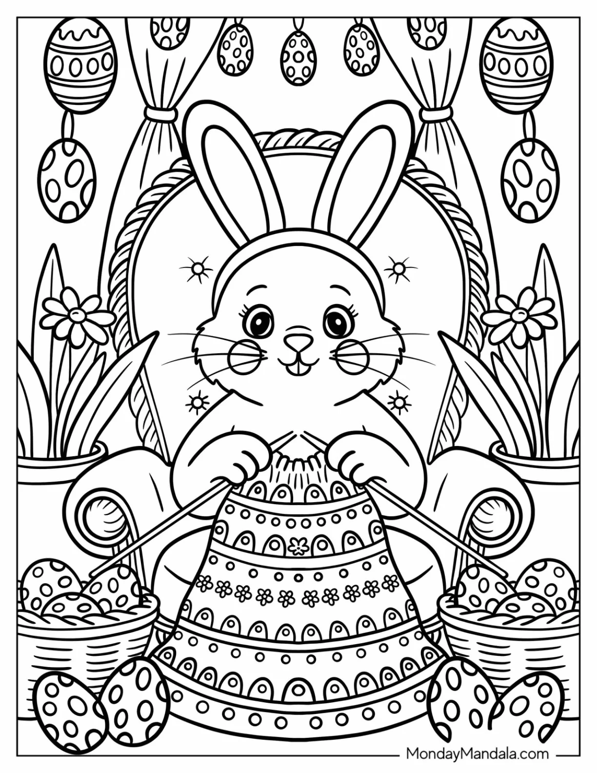 Festive Easter Bunny Coloring Page Knitting in a Chair with Baskets of Eggs coloring page — printable line art
