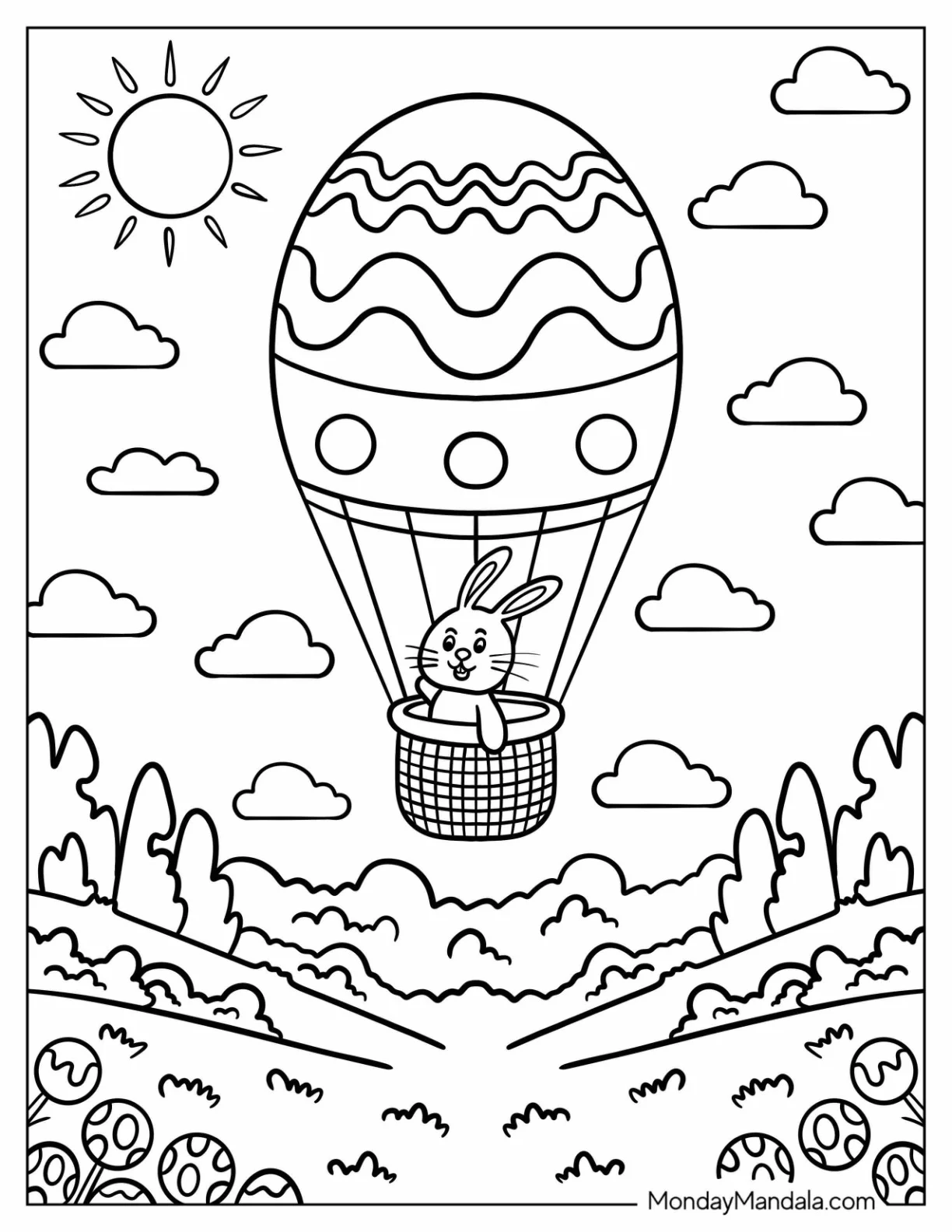 Fun Easter Bunny Coloring Page Flying in a Hot Air Balloon Over a Field of Eggs for Kids coloring page