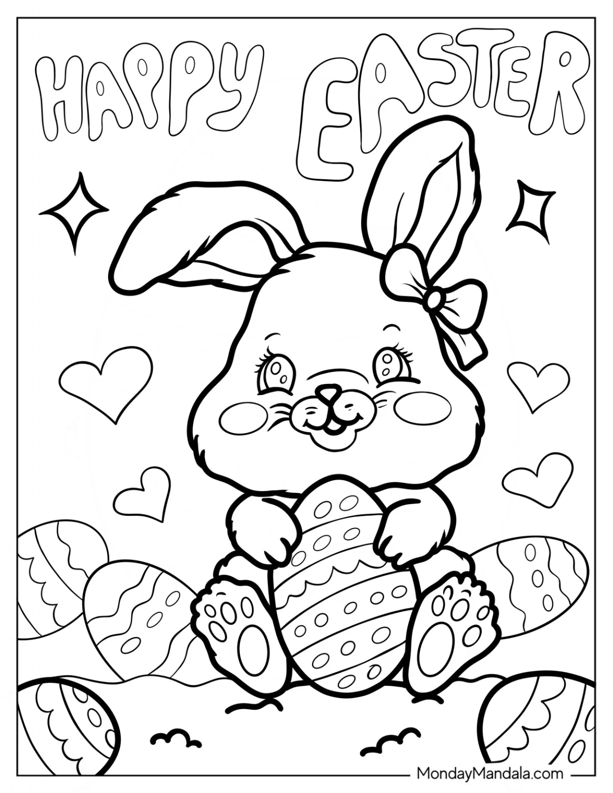 Furry Easter Bunny Coloring Page Hugging Easter Eggs coloring page — printable line art