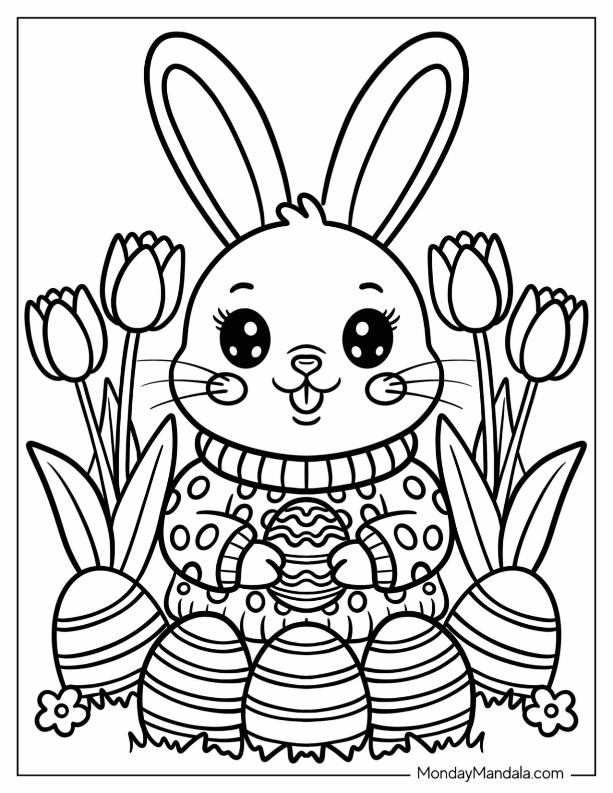 Happy Easter Bunny Coloring Page Surrounded by Tulips and Decorated Eggs for Kids coloring page — printable line art
