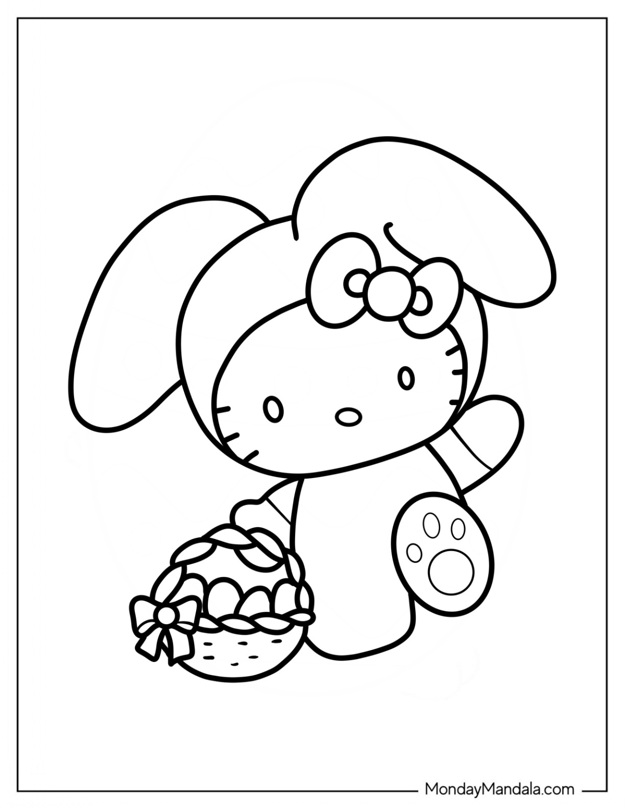 Hello Kitty In Easter Bunny Coloring Page Costume Carrying Basket Of Eggs coloring page