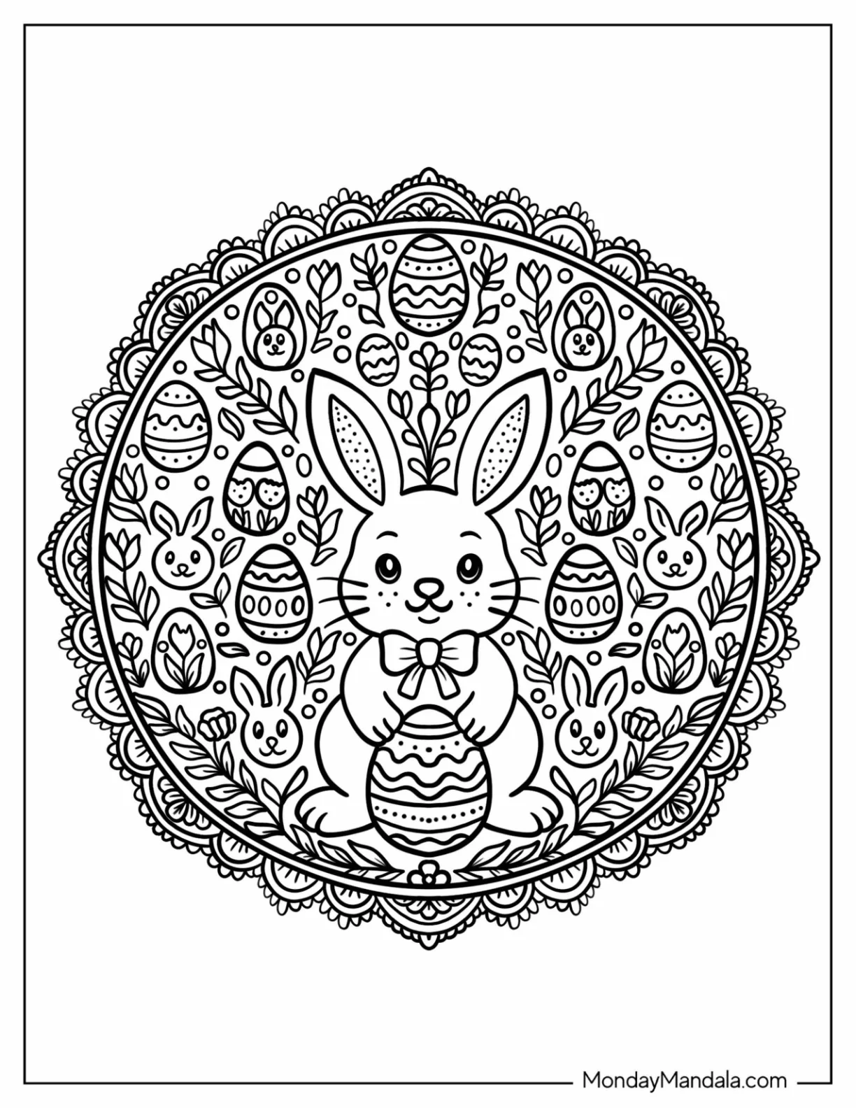 Intricate Easter Bunny Coloring Page Mandala with Eggs and Flowers coloring page