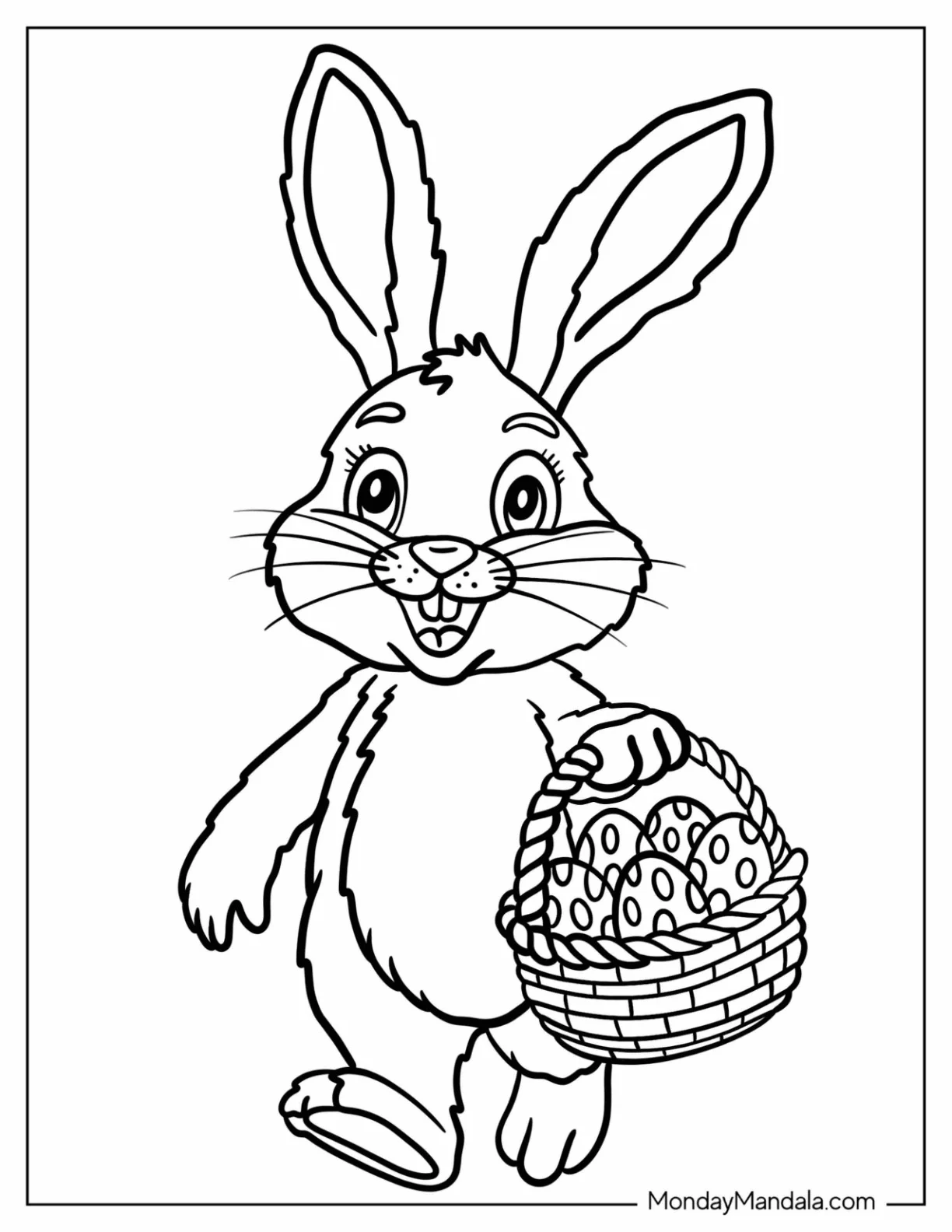 Jolly Easter Bunny Coloring Page Carrying a Basket of Eggs While Walking for Kids coloring page — printable line art