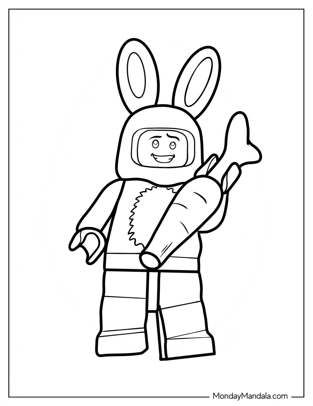 Lego Man In Easter Bunny Coloring Page Costume Holding Carrot coloring page — printable line art
