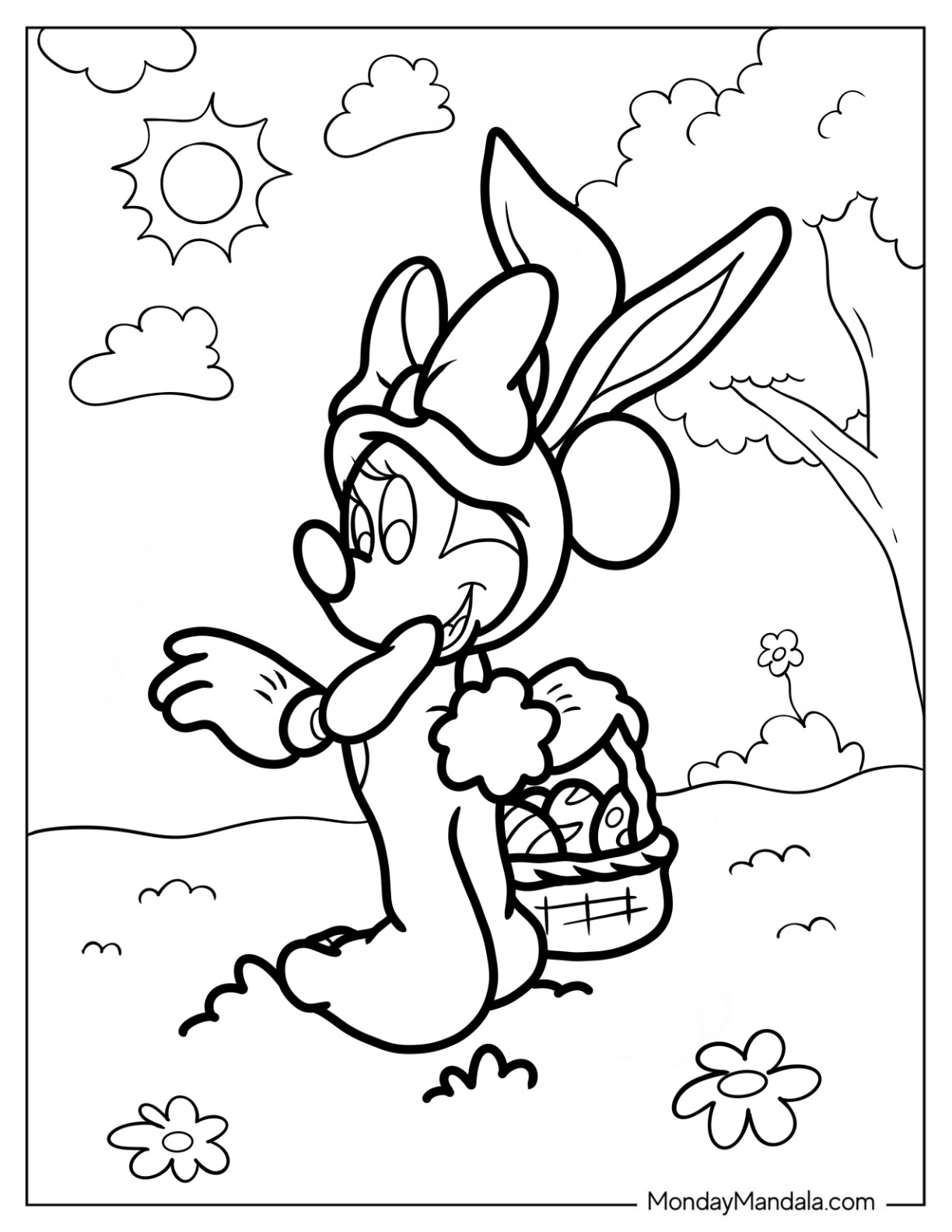 Minnie Mouse In Easter Bunny Coloring Page Costume Holding Basket With Eggs coloring page — printable line art