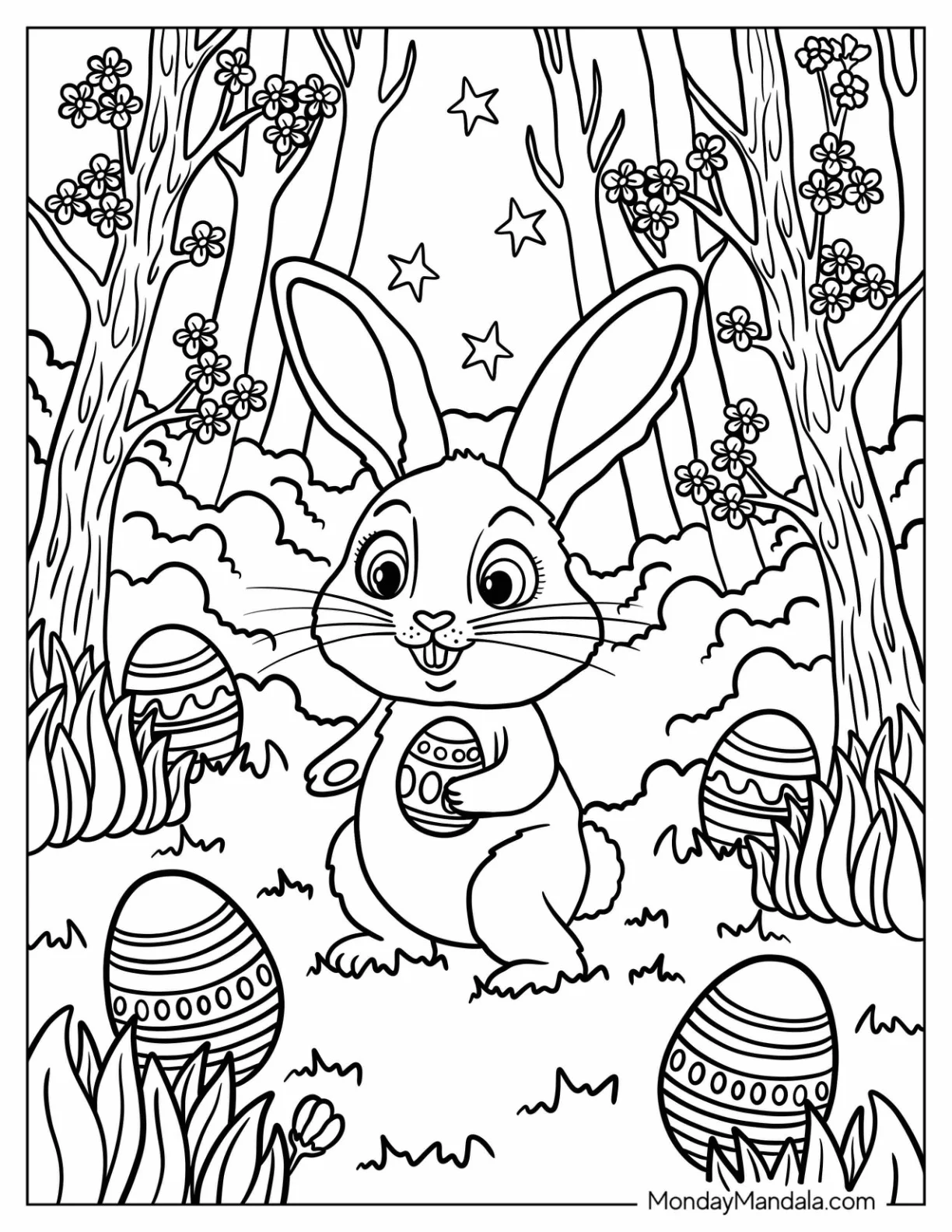 Playful Easter Bunny Coloring Page in Nature with Decorated Eggs and Starry Sky coloring page