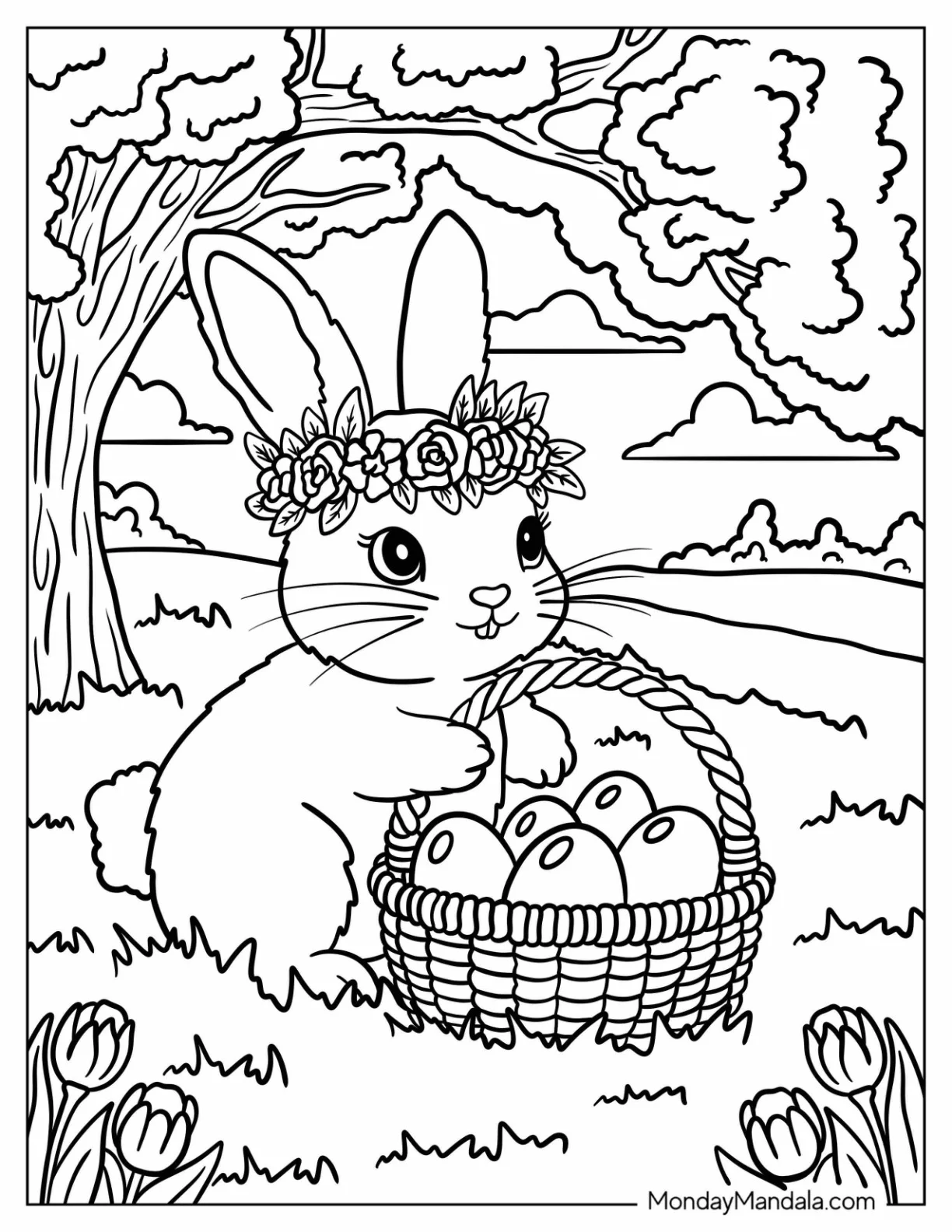 Pretty Easter Bunny Coloring Page with Flower Crown Holding a Basket of Eggs in the Forest coloring page — printable line art