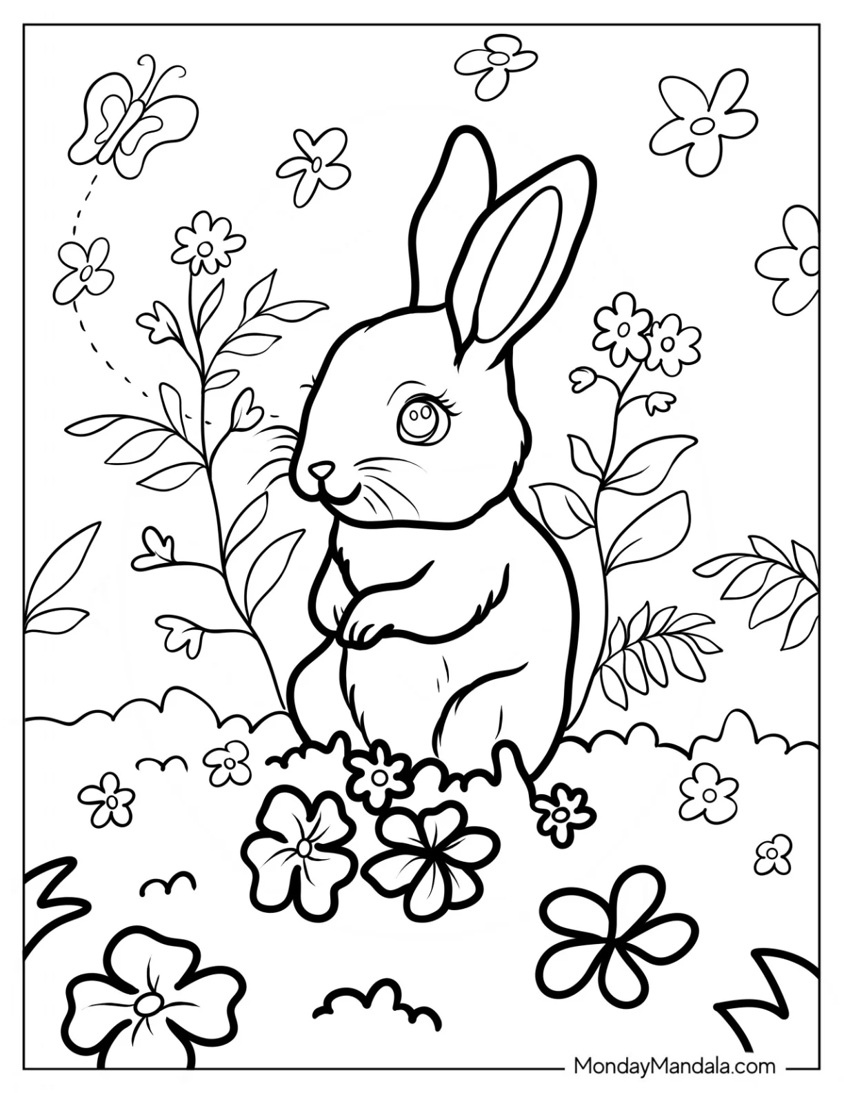 Pretty Little Easter Bunny Coloring Page In Flower Field For Kids coloring page — printable line art