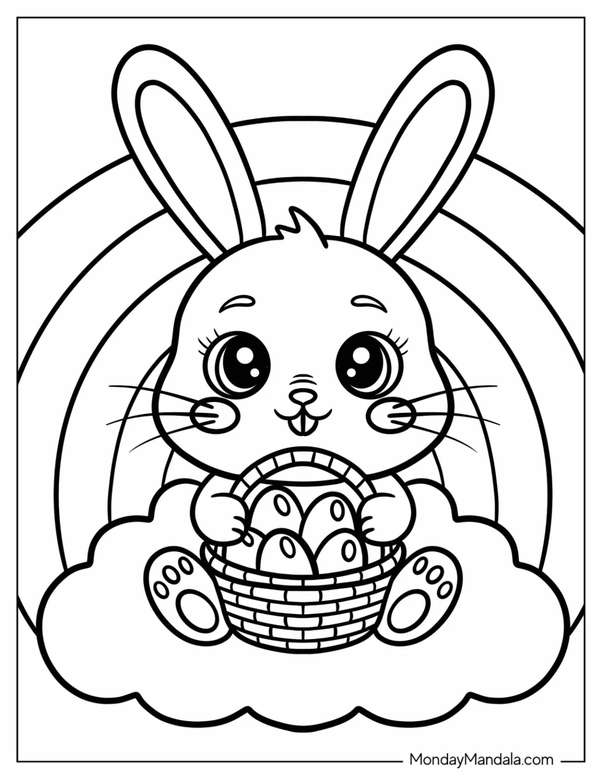 Simple Easter Bunny Holding a Basket of Easter Eggs Under a Rainbow Coloring Sheet for Preschoolers coloring page