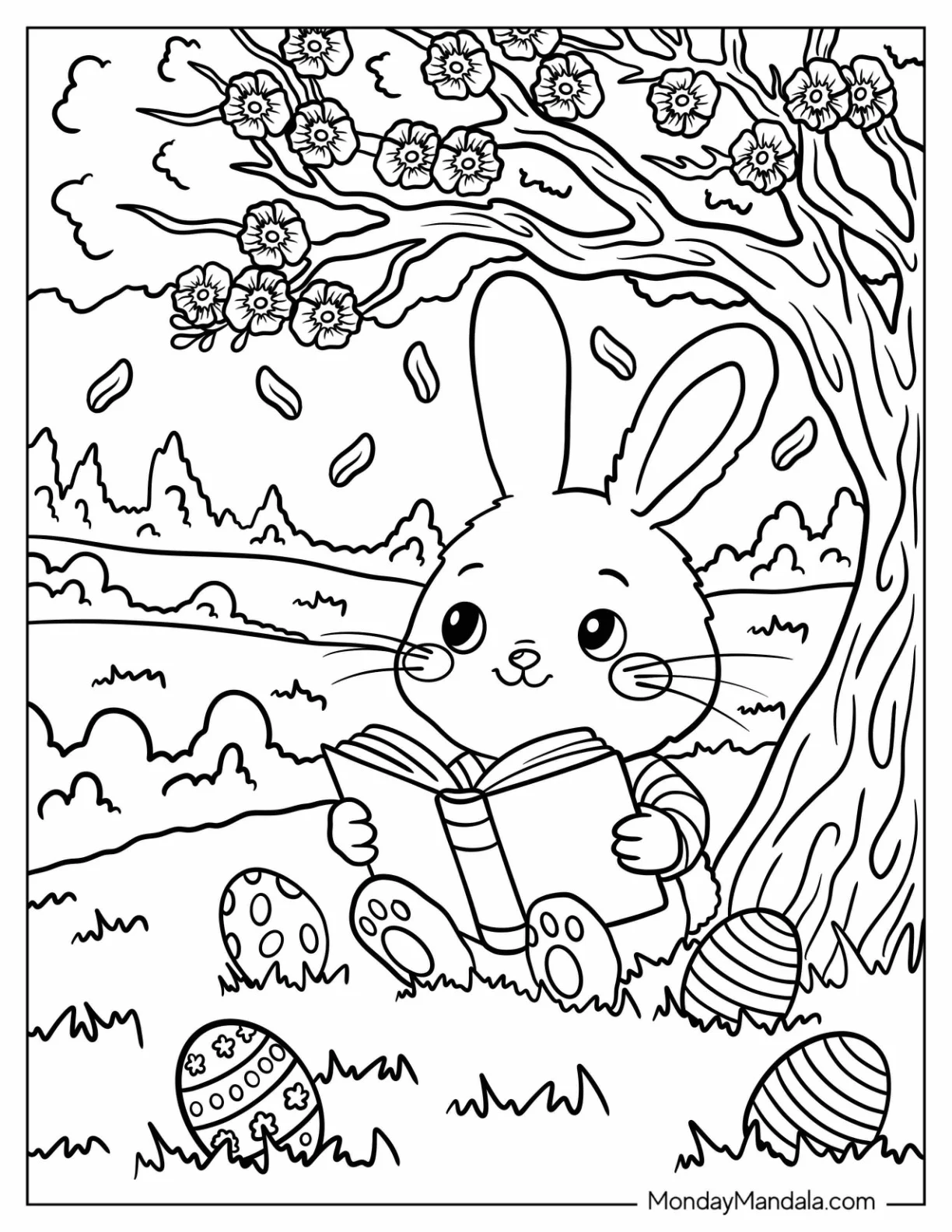Smart Easter Bunny Coloring Page Reading Under a Flowering Tree with Easter Eggs on the Grass for Kids coloring page