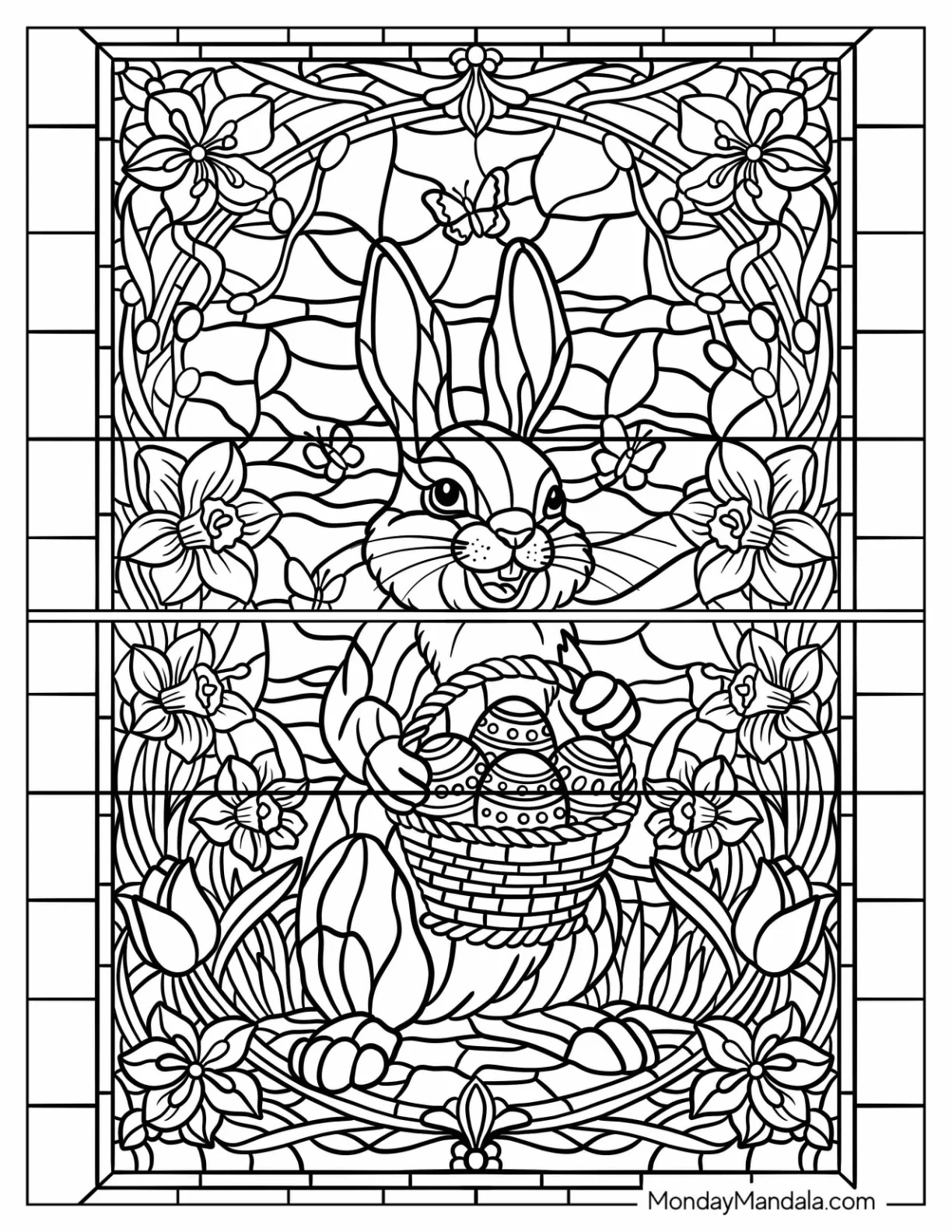 Stained Glass of Easter Bunny Coloring Page Holding Egg Basket with Flowers coloring page