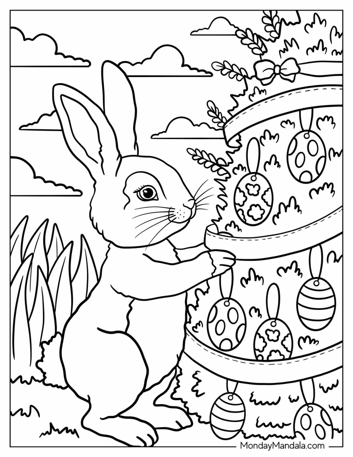Sweet Easter Bunny Coloring Page Decorating Tree with Hanging Eggs coloring page — printable line art