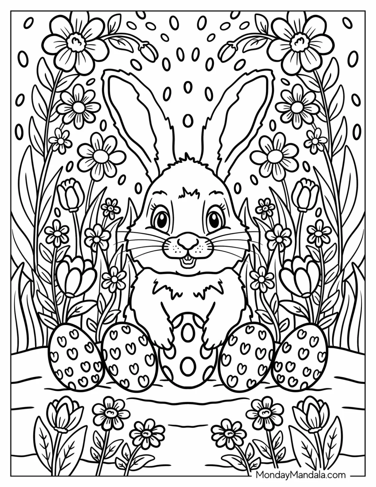 Thoughtful Easter Bunny Coloring Page with Eggs and Spring Flowers coloring page — printable line art