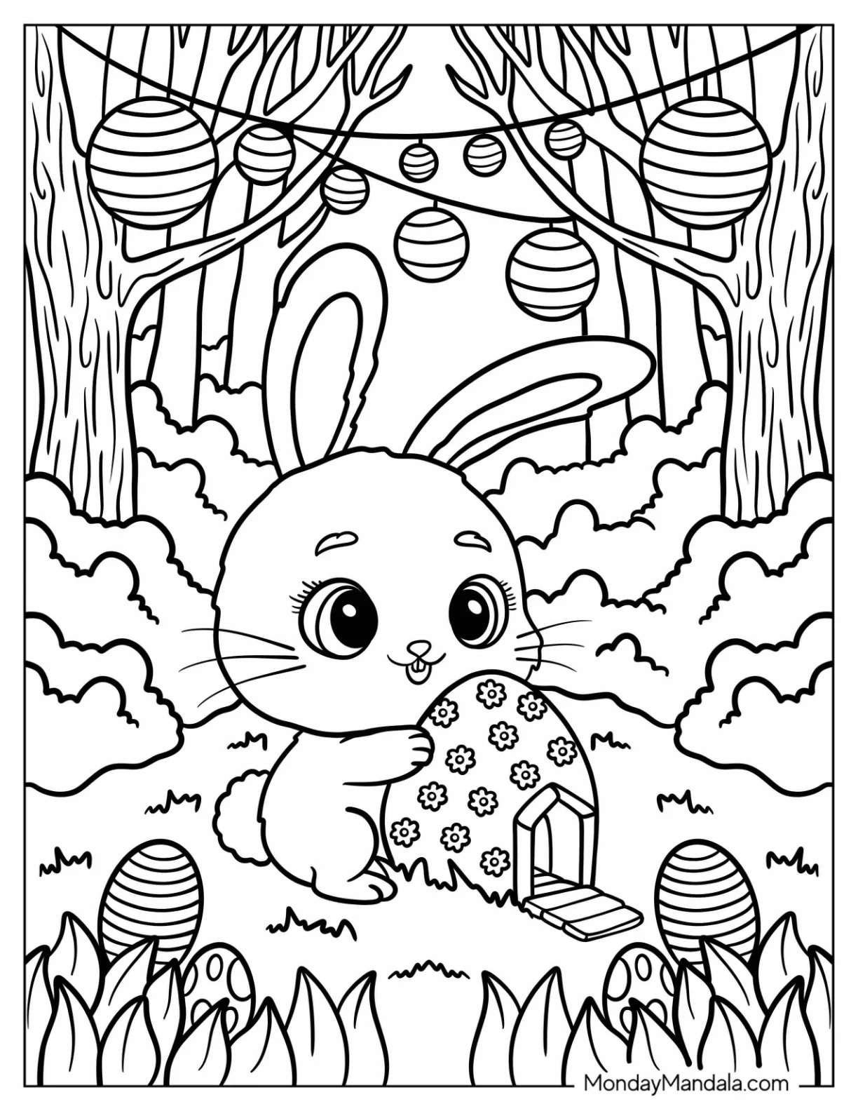 Tiny Easter Bunny Coloring Page with a Big Egg Under Lanterns coloring page