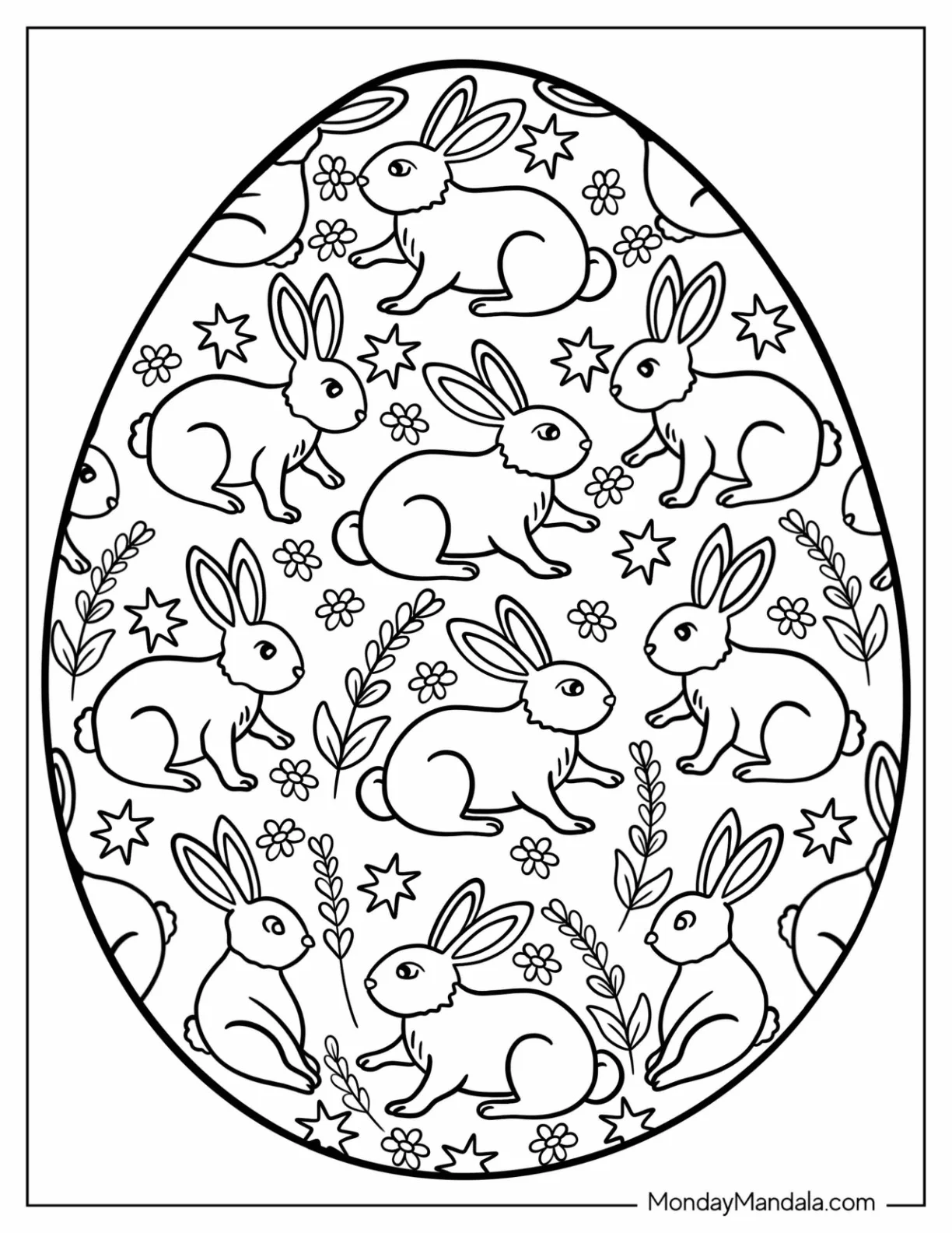 Bunny And Leaves Pattern Easter Egg Coloring Page coloring page — printable line art