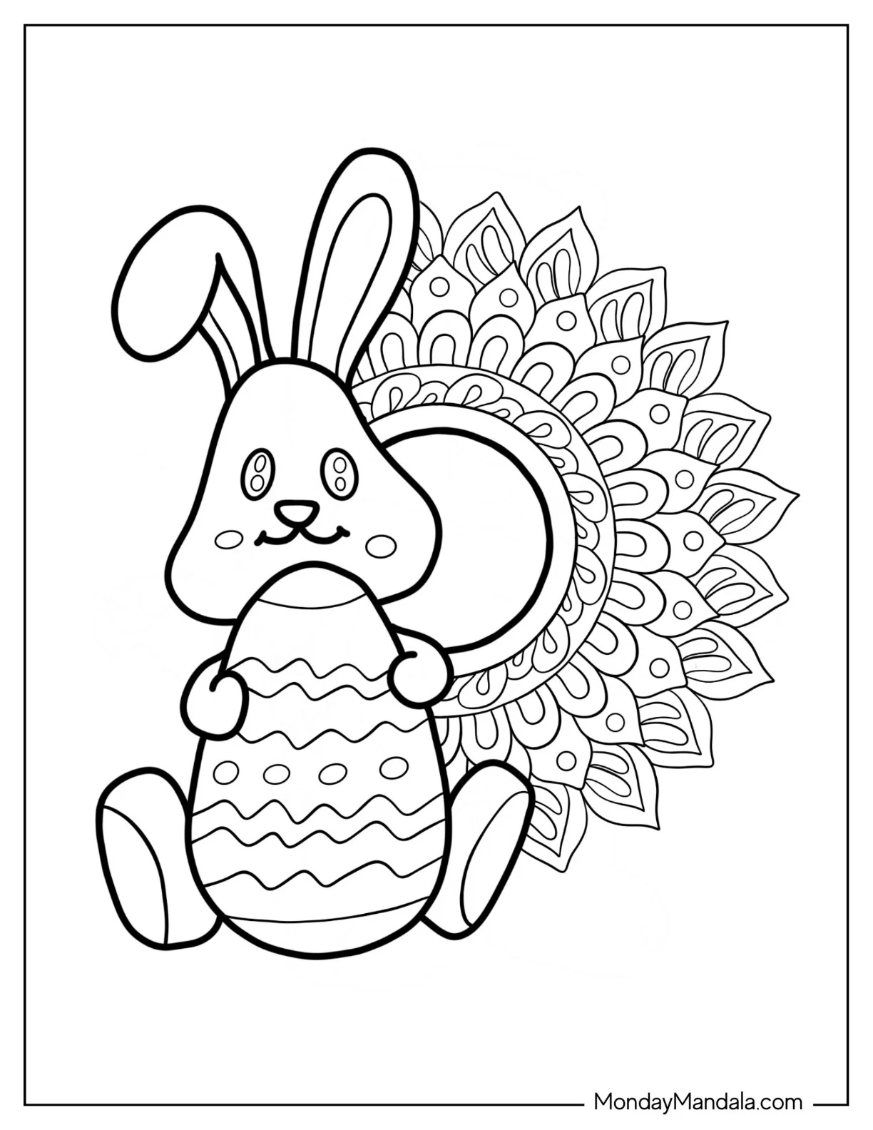 Bunny Holding Easter Egg In Front Of Flower Mandala coloring page