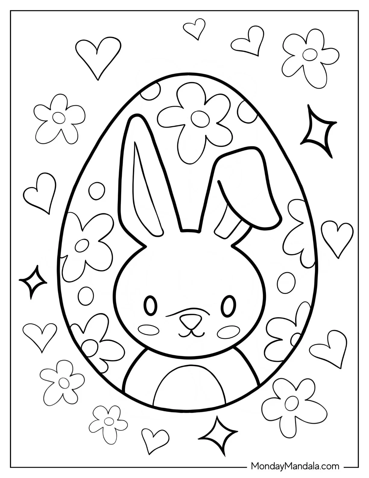Cute Bunny And Flowers Easter Egg Coloring Page coloring page
