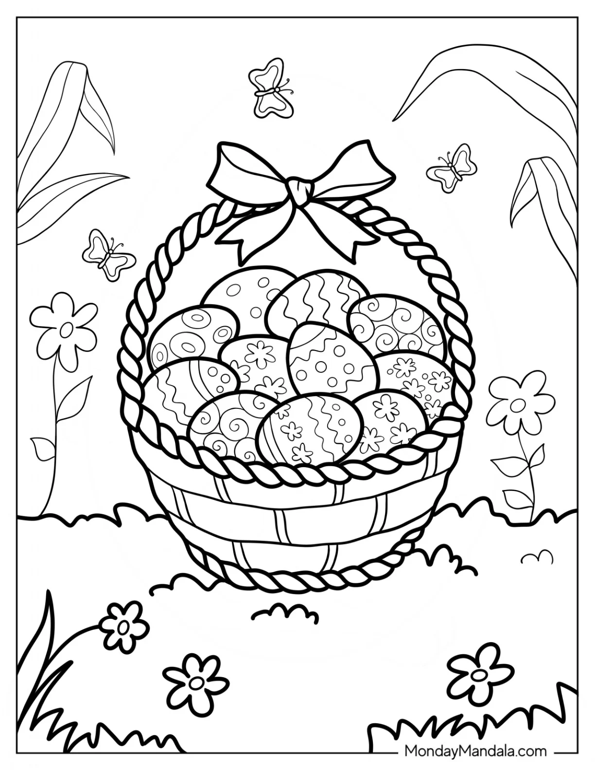 Detailed Basket Filled With Easter Eggs In Garden Coloring Sheet coloring page