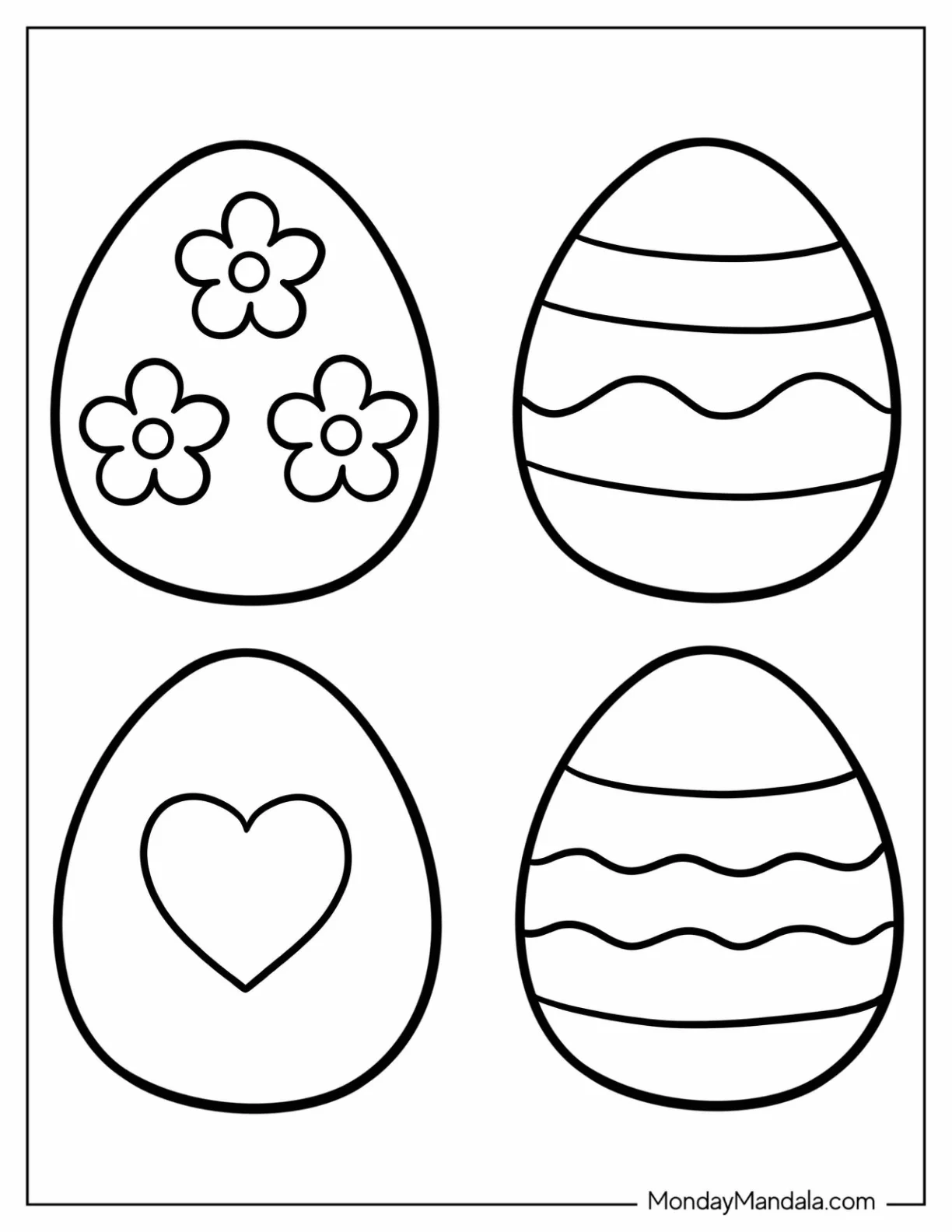 Easter Egg Coloring Page with Flower, Stripe, and Heart Patterns For Preschoolers coloring page