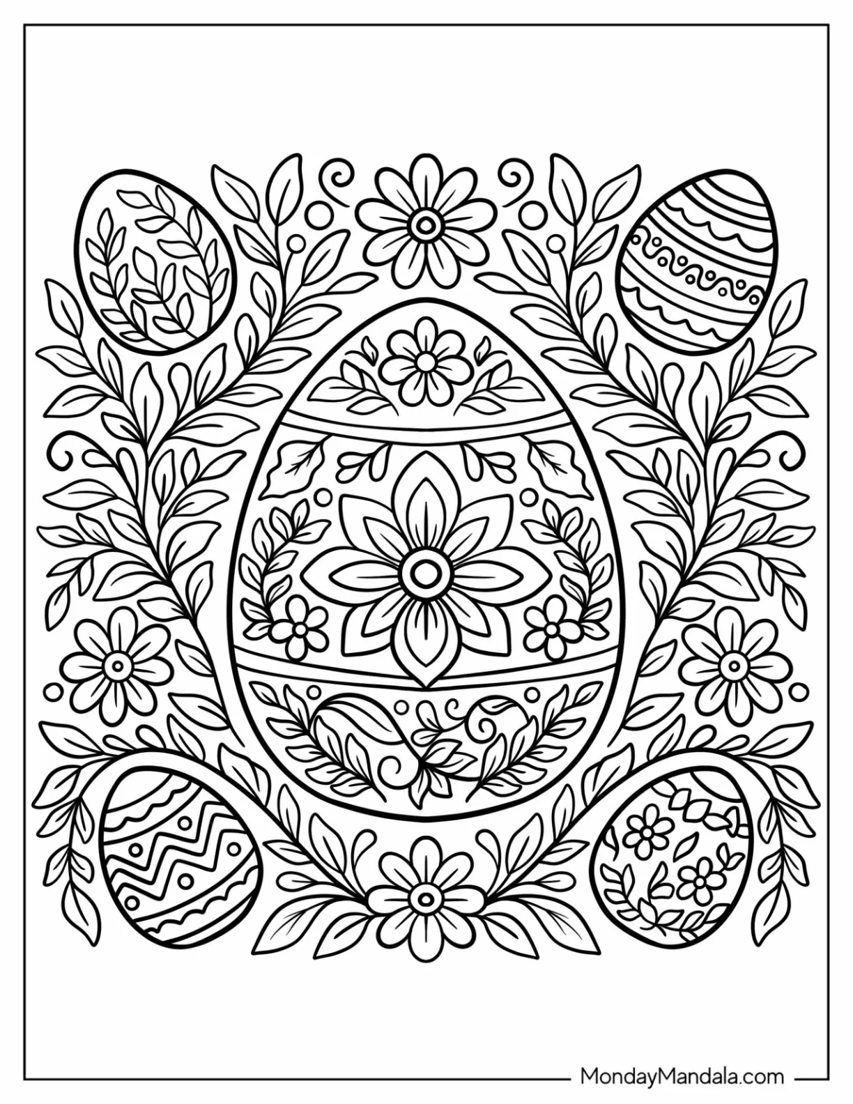 Easter Egg Coloring Page With Leafy Vines and Petals For Adults coloring page — printable line art