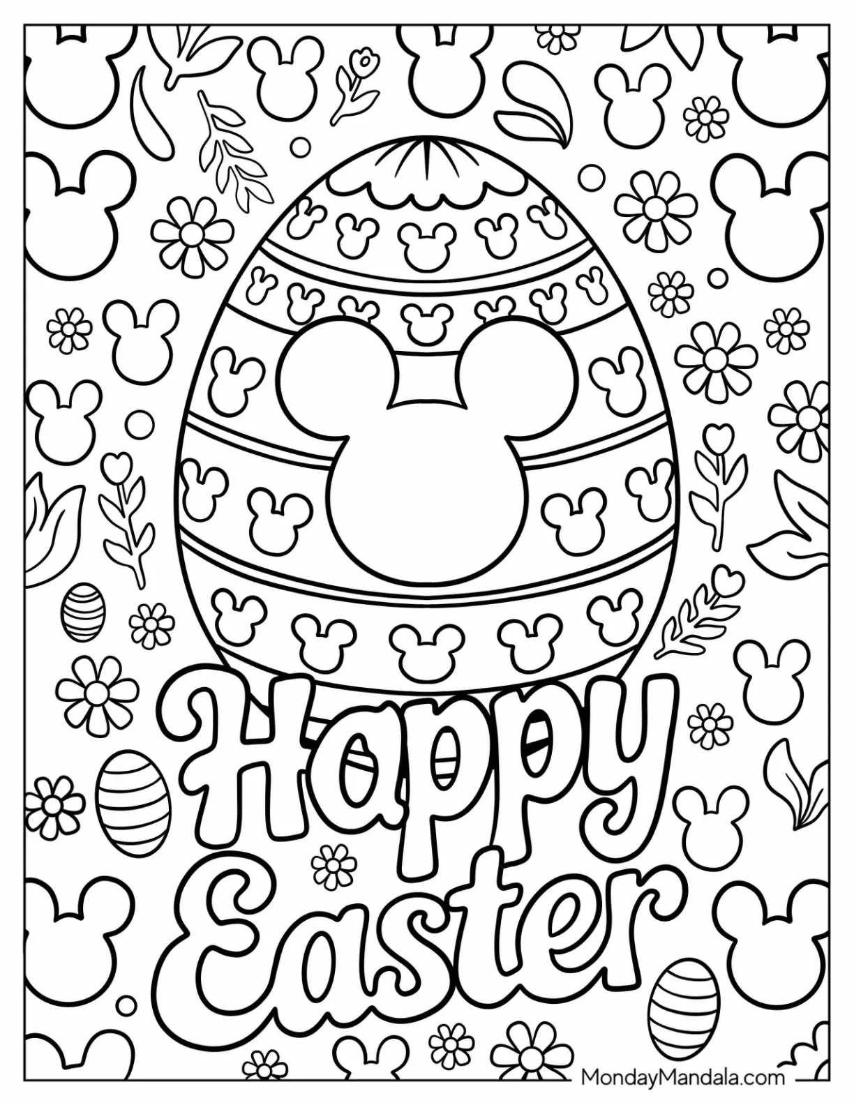 Festive Easter Egg Coloring Page with Mickey Mouse Ears Pattern coloring page — printable line art