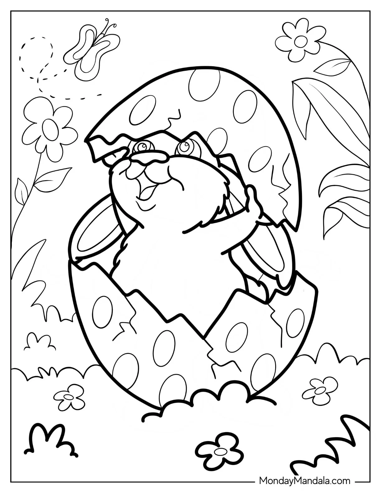 Furry Bunny Hatching From Easter Egg coloring page — printable line art