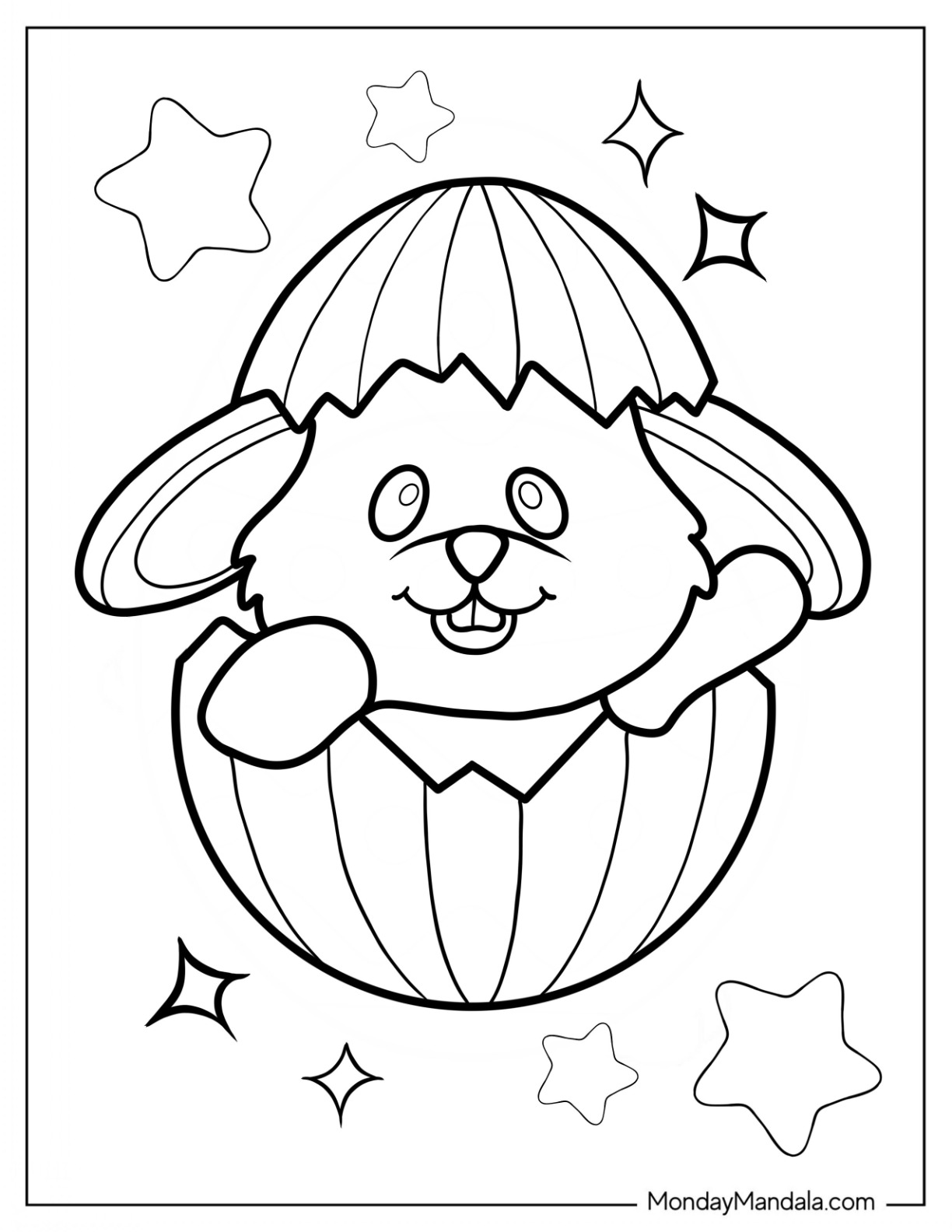 Kawaii Bunny Coming Out Of Striped Easter Egg Coloring Page For Kids coloring page