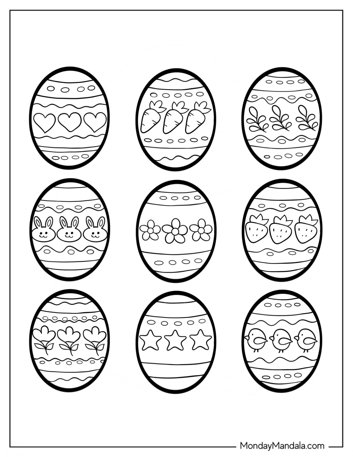 Kawaii Easter Egg Strawberry, Carrot, Bunnies, And Hearts Designs Coloring Sheet coloring page