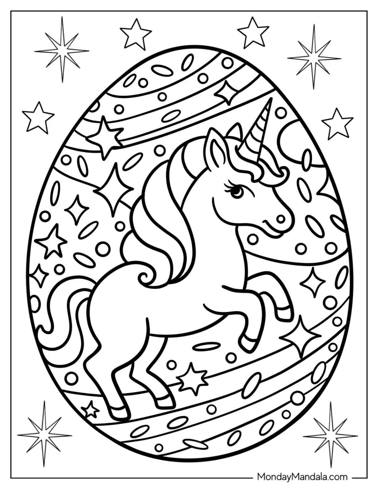 Magical Unicorn Easter Egg Coloring Page For Kids coloring page — printable line art