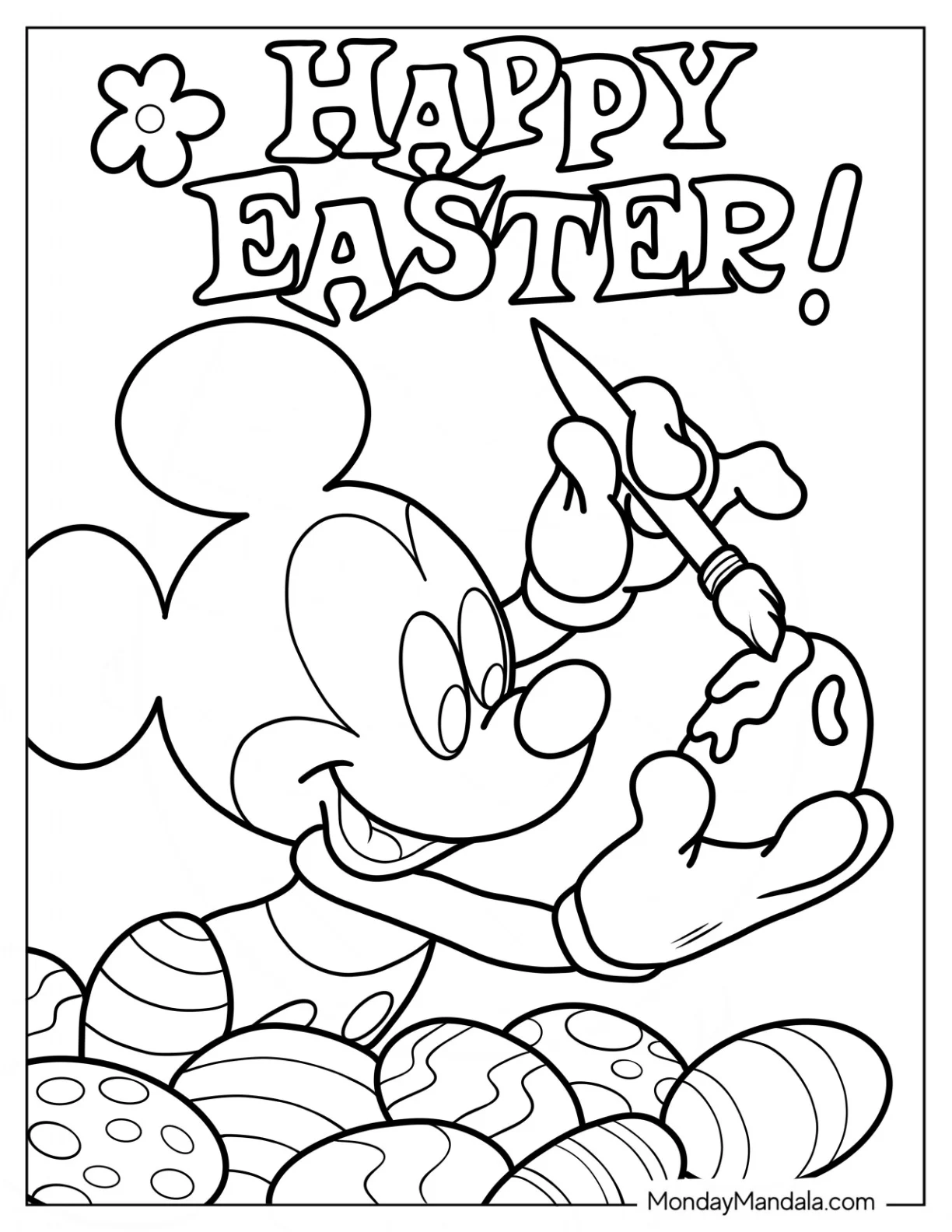 Mickey Mouse Painting Easter Eggs Coloring Page coloring page — printable line art