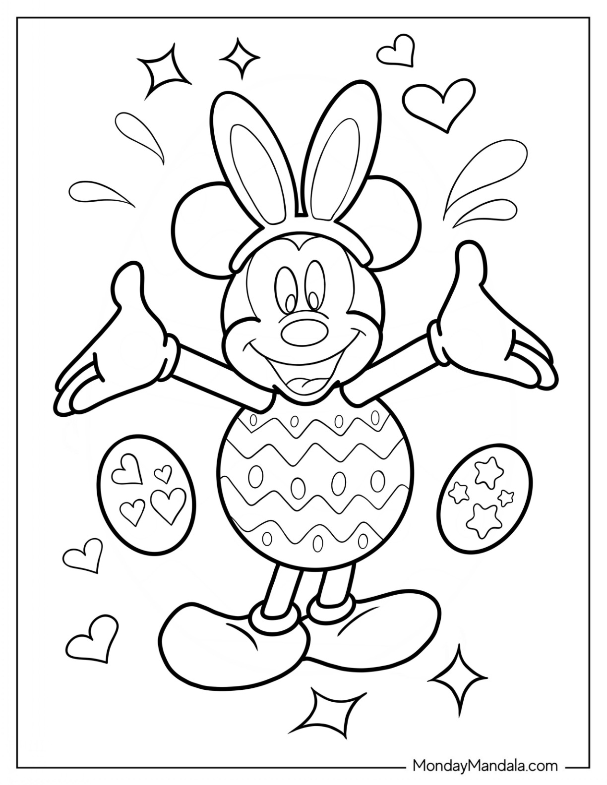 Mickey Mouse With Bunny Ears Popping Out Of Easter Egg coloring page — printable line art