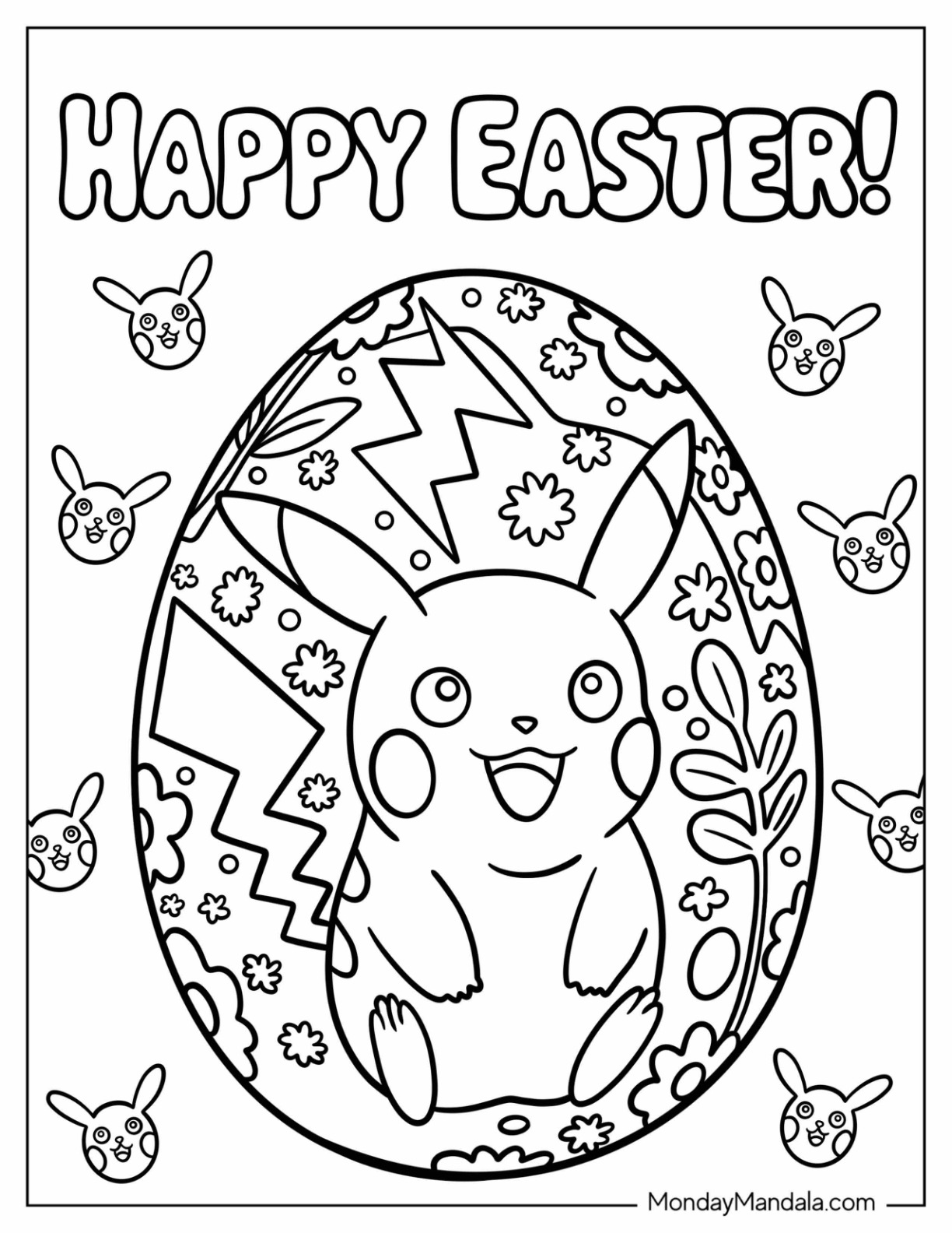 Pikachu Easter Egg Coloring Page Design with Thunderbolt Pattern coloring page — printable line art
