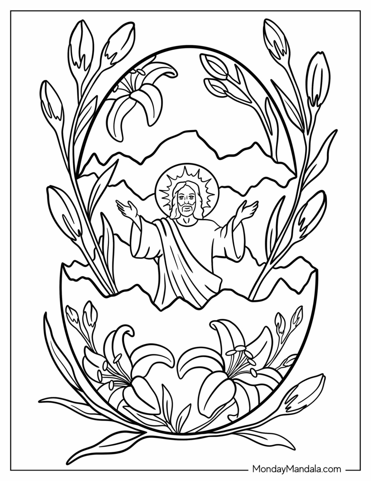 Resurrected Jesus in a Spring Easter Egg Coloring Page coloring page — printable line art
