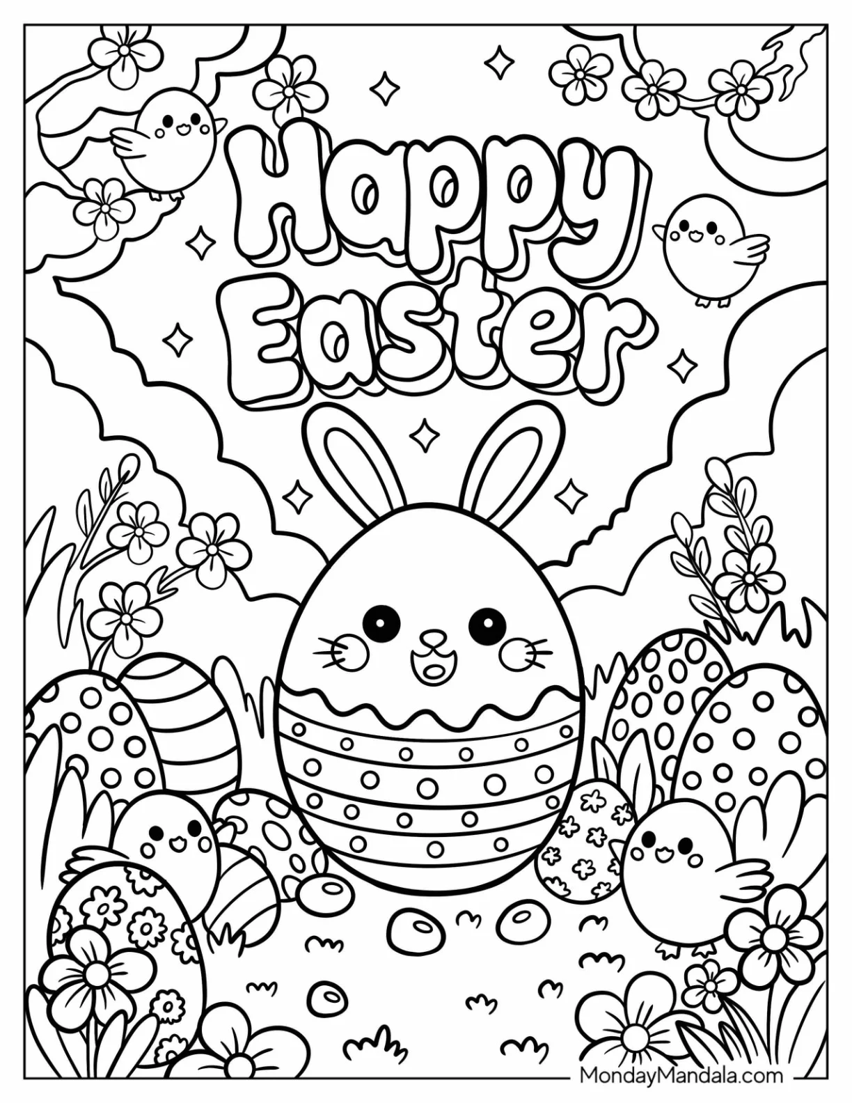 Smiling Easter Egg Coloring Page Bunny with Chicks and Flowers coloring page — printable line art