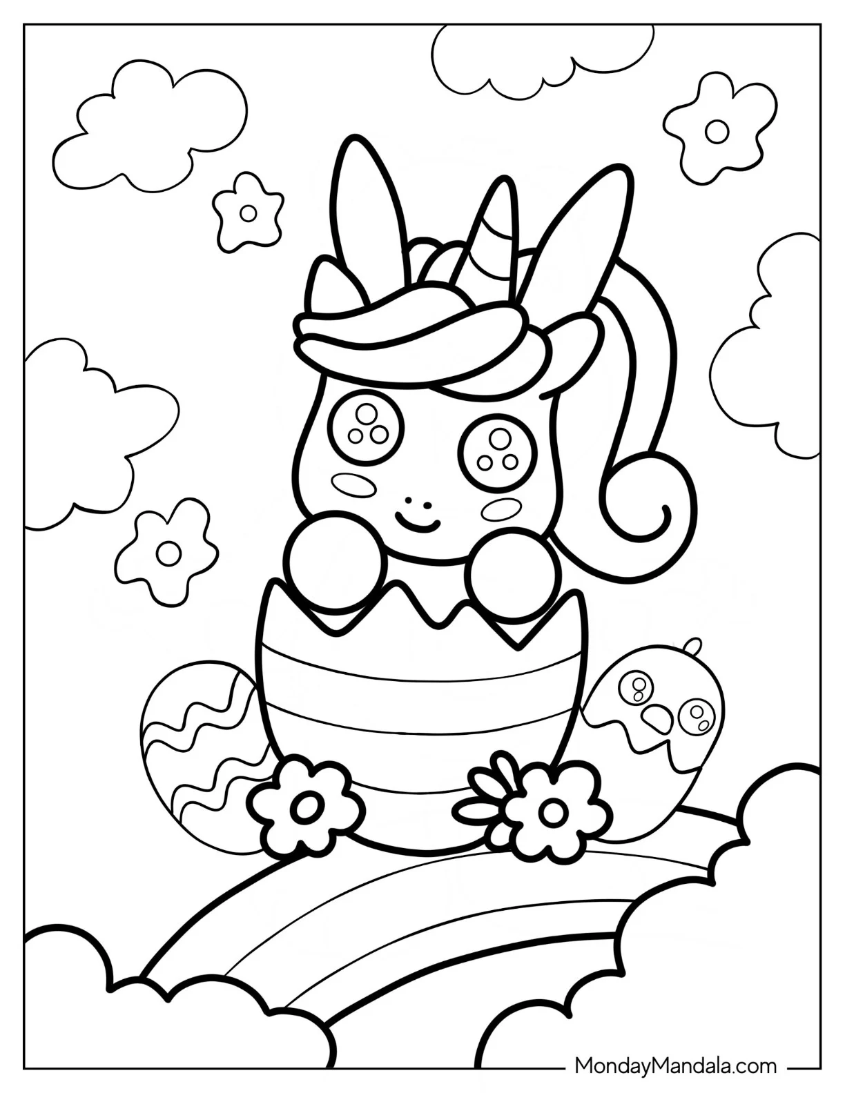 Unicorn Popping Out Of Easter Egg On Rainbow Coloring Sheet coloring page