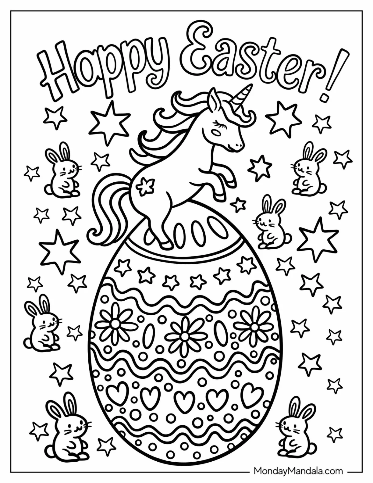 Unicorn Standing on Easter Egg Coloring Page With Stars and Bunnies v2 coloring page — printable line art