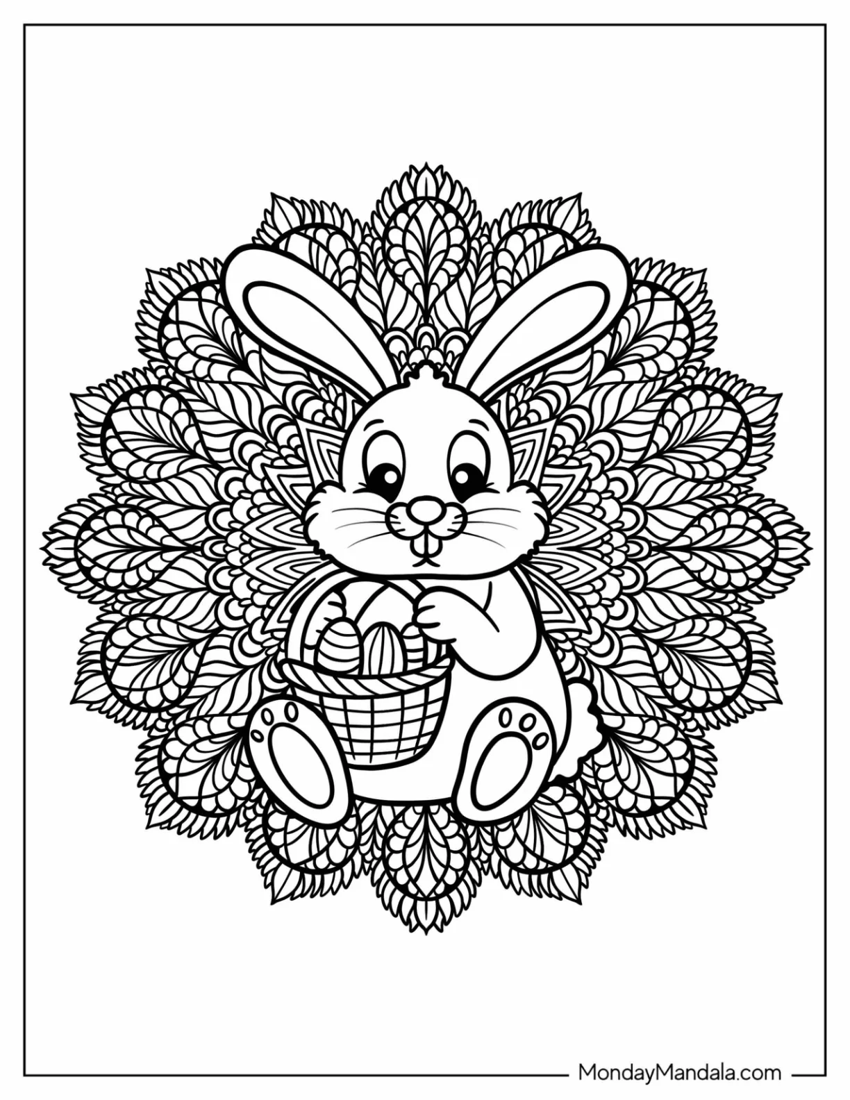 Cute Bunny in the Middle of Flora Easter Mandala Coloring Page coloring page — printable line art